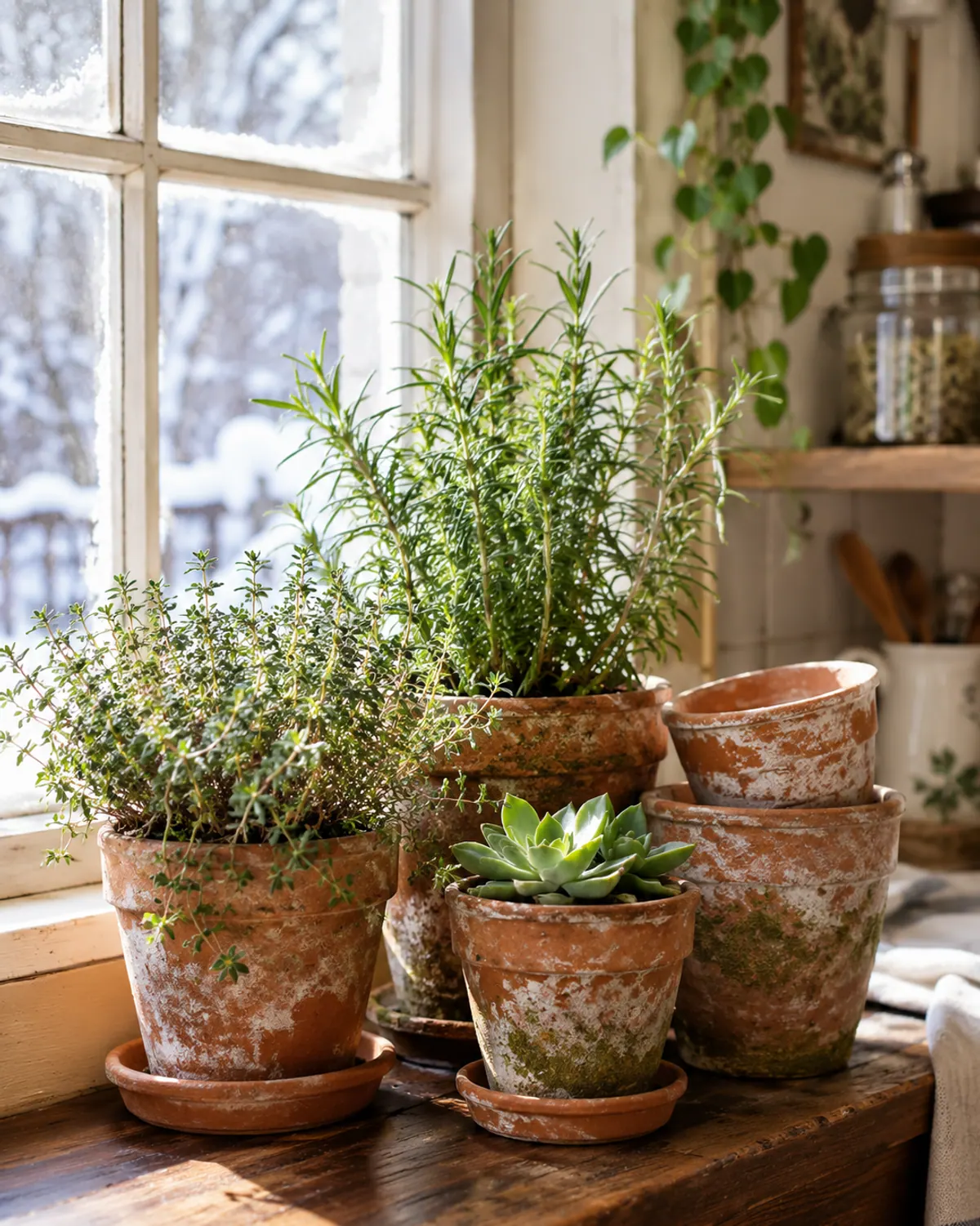 Mismatched vintage terracotta pots with white patina and moss grouped on a wooden windowsill with thyme and rosemary