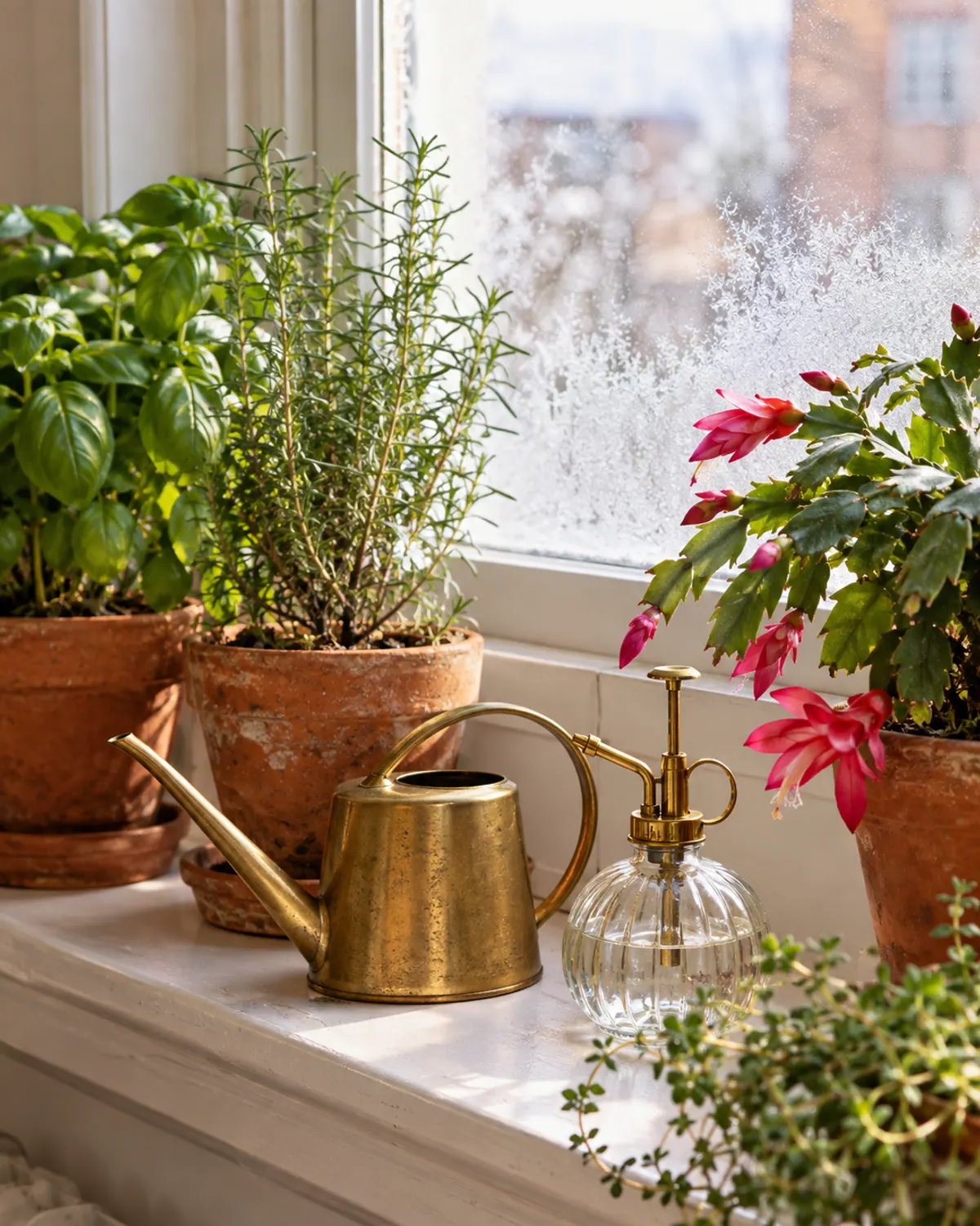 Brass watering can and glass plant mister on a wooden stool beside potted houseplants in a winter window
