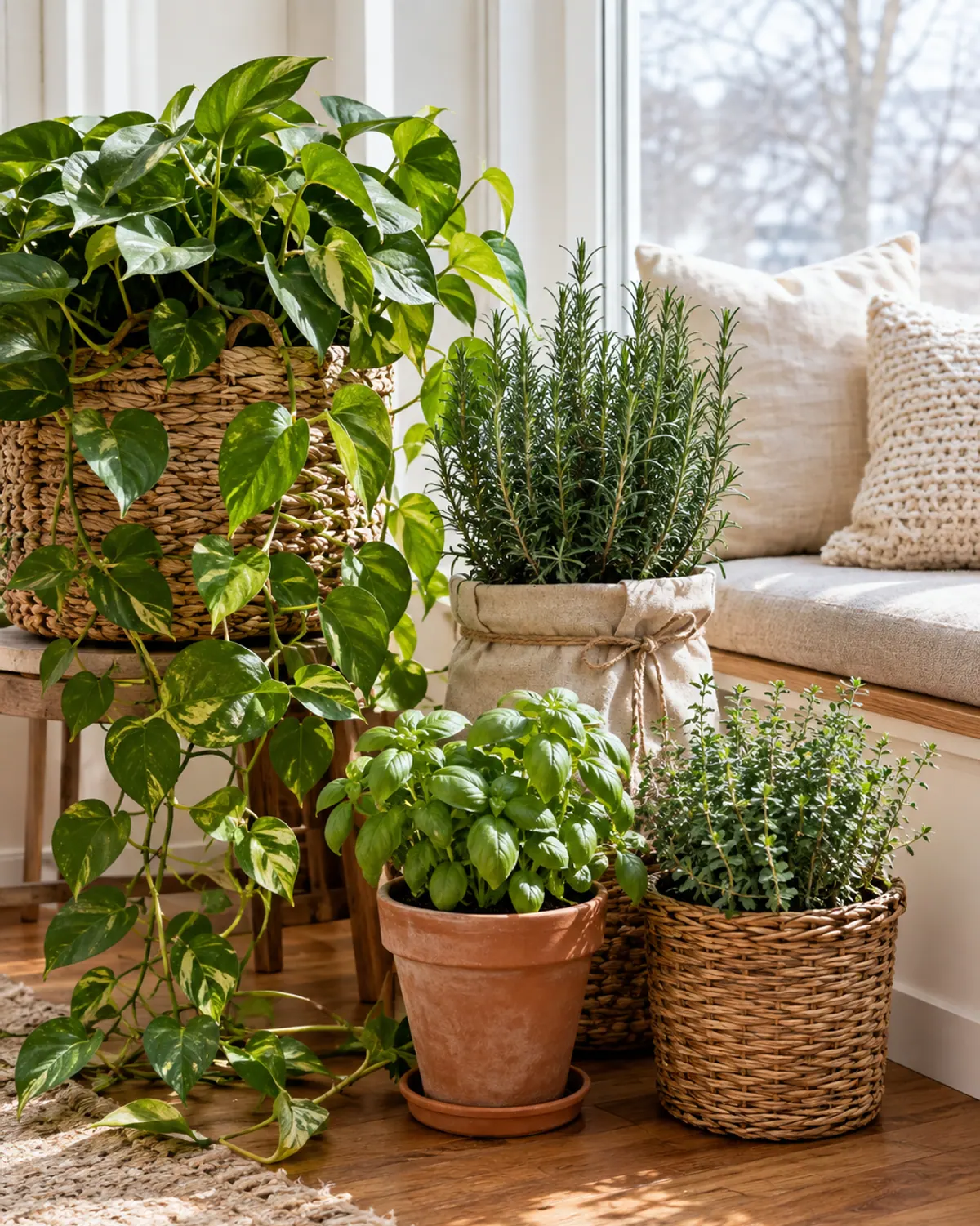 Potted pothos and peperomia set inside woven wicker baskets on a wooden floor in a cozy winter corner