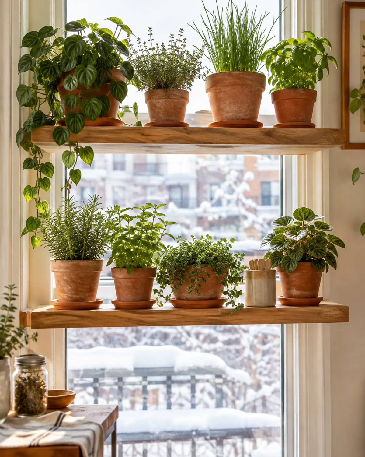 Gardening aesthetic winter window with a wooden shelf of potted herbs and houseplants against frosty glass