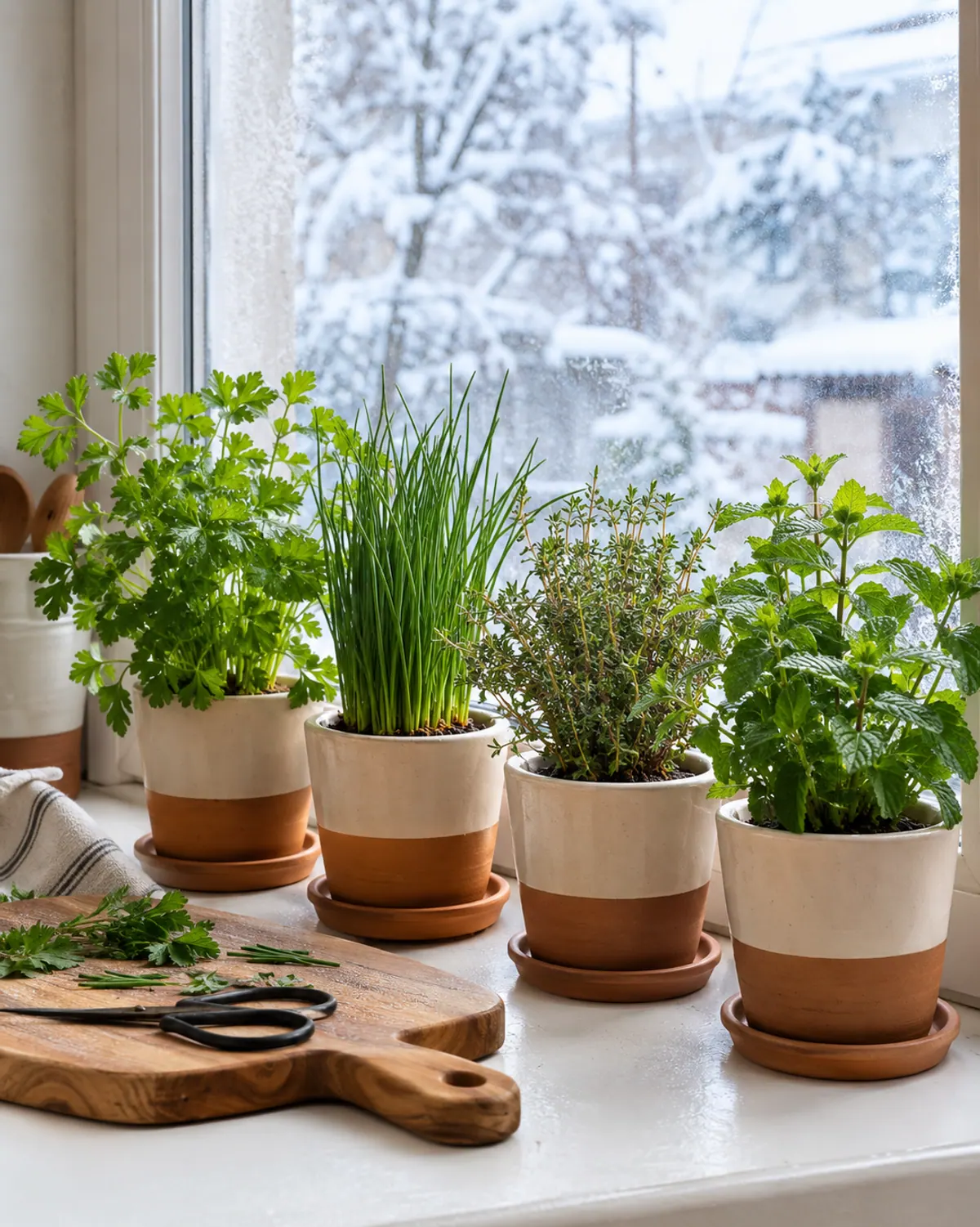 Row of small terracotta pots of parsley, thyme, chives and basil on a winter kitchen windowsill