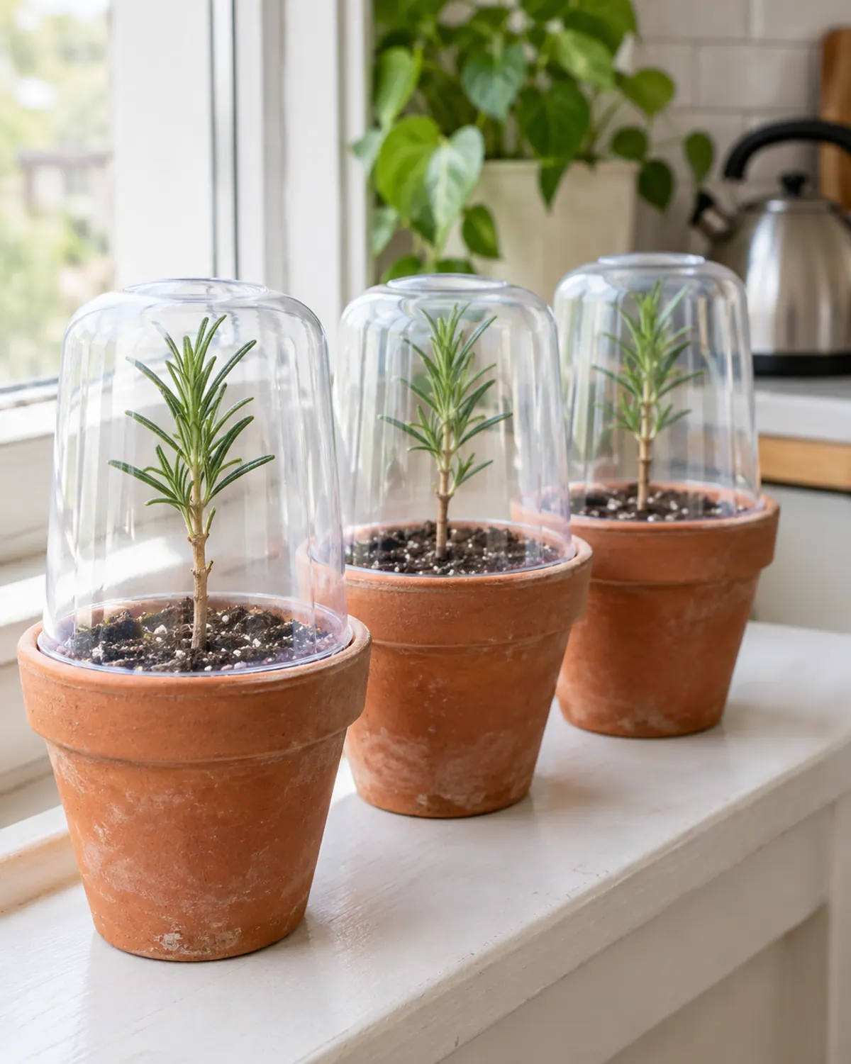 Rosemary stem cuttings rooting in small pots of seed-starting mix under a clear dome on a bright windowsill
