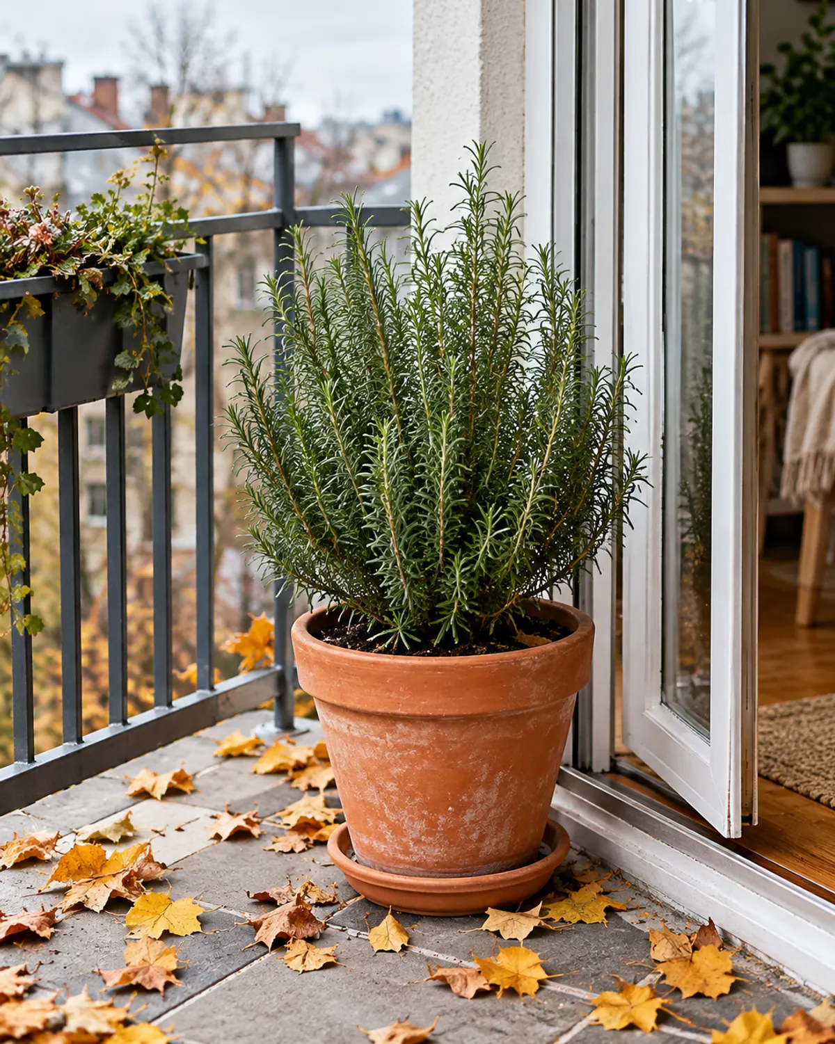 Potted rosemary on a small apartment balcony beside an open door in late autumn, ready to come indoors before frost