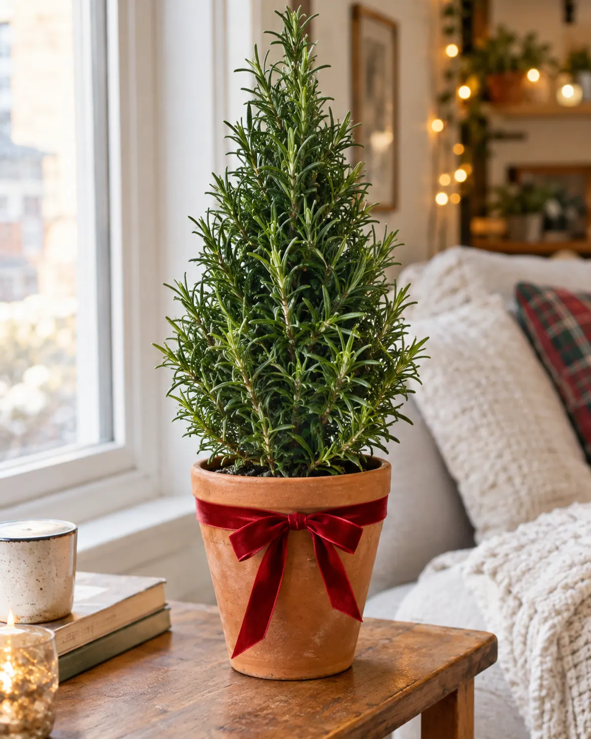 Rosemary Christmas tree sheared into a cone shape in a terracotta pot with a red ribbon on a side table by a window