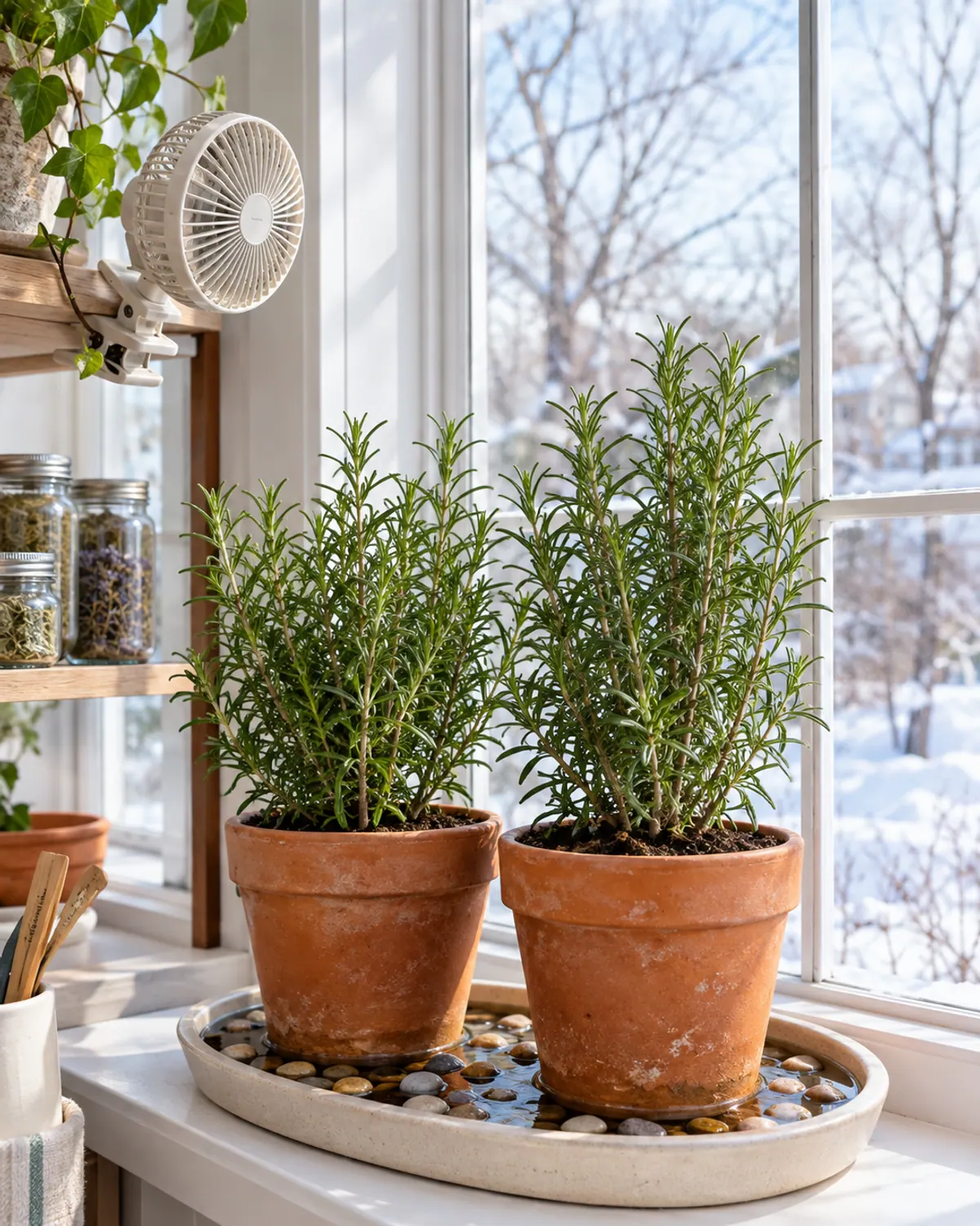 Two potted rosemary plants on a pebble tray by a bright, cool porch window in winter
