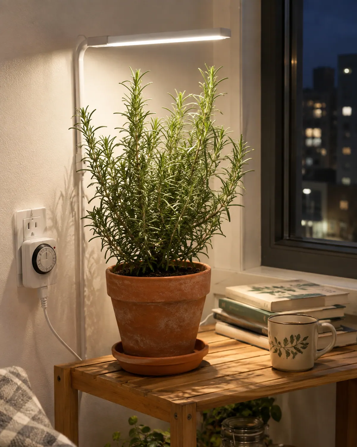 Potted rosemary on a small wooden shelf under a slim LED grow light with a plug-in timer on a winter evening