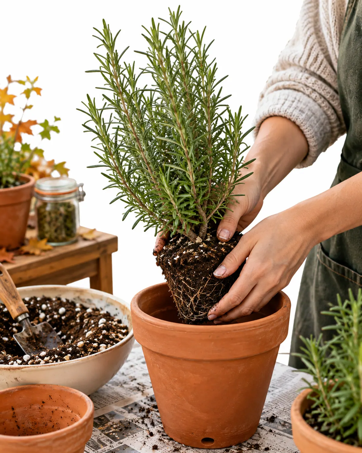 Hands repotting a rosemary plant into a terracotta pot with gritty potting mix on a balcony potting bench