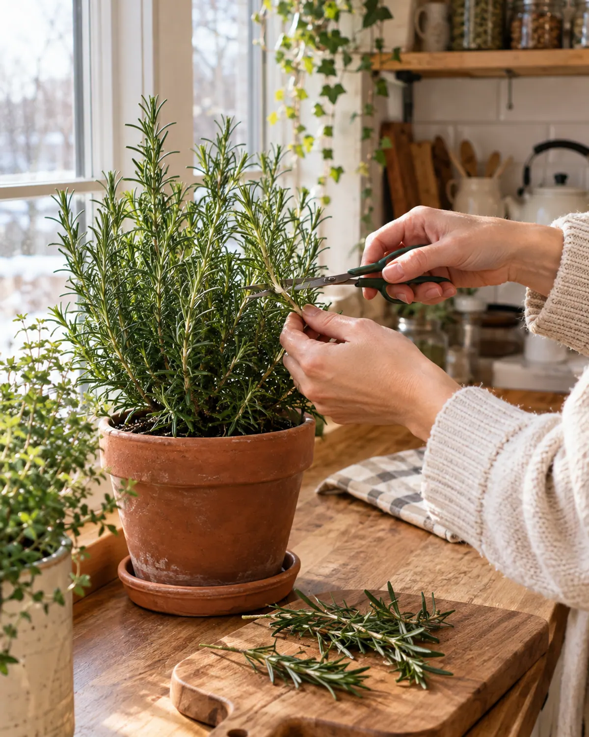 Hands snipping the soft green tip of a rosemary stem with small herb scissors next to a sunny windowsill