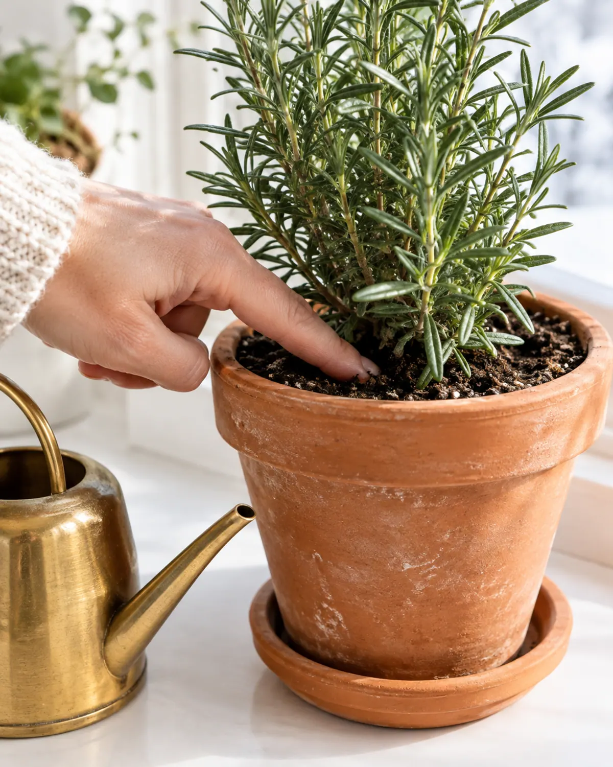 Finger checking soil moisture in a potted rosemary plant on a kitchen windowsill