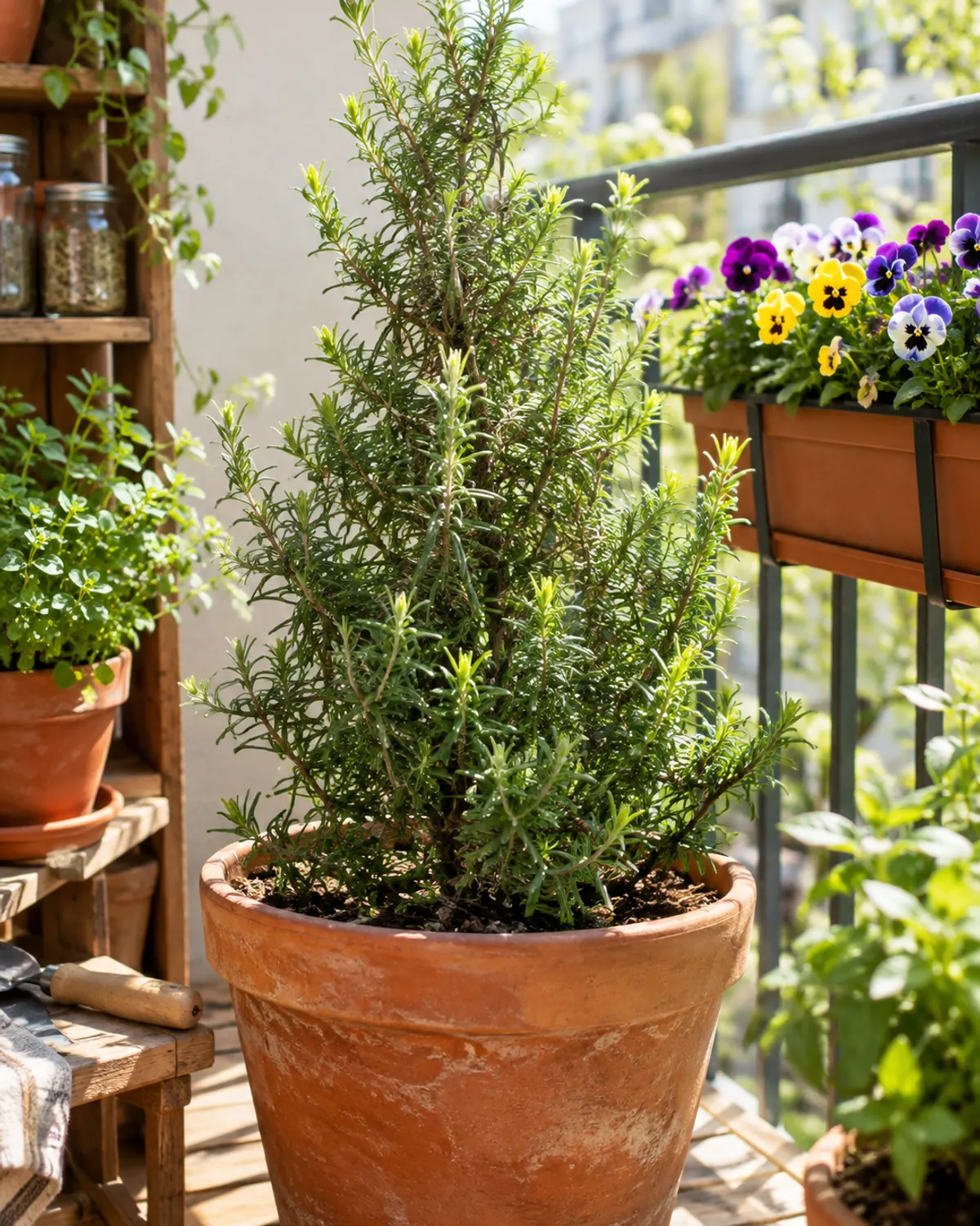 Former rosemary Christmas tree growing loose new shoots in a larger terracotta pot on a sunny balcony in spring