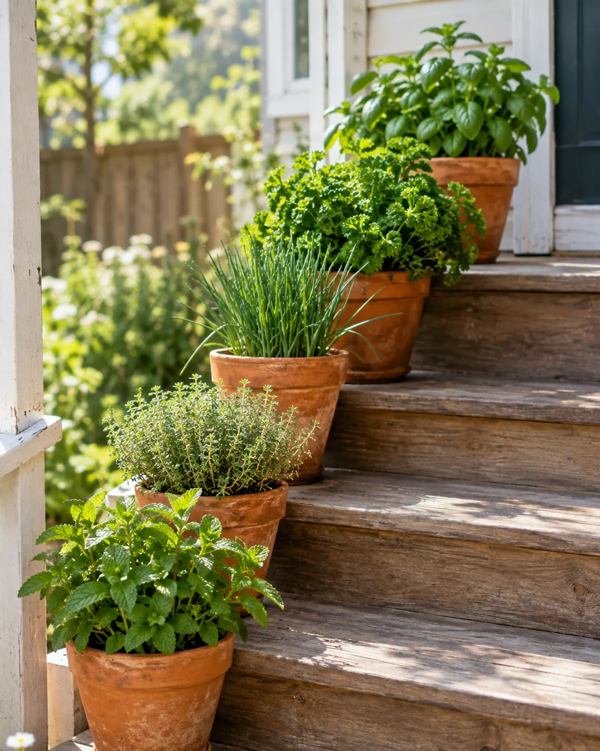 Terracotta herb pots of basil, parsley, chives, thyme and mint lined up the side of wooden back steps