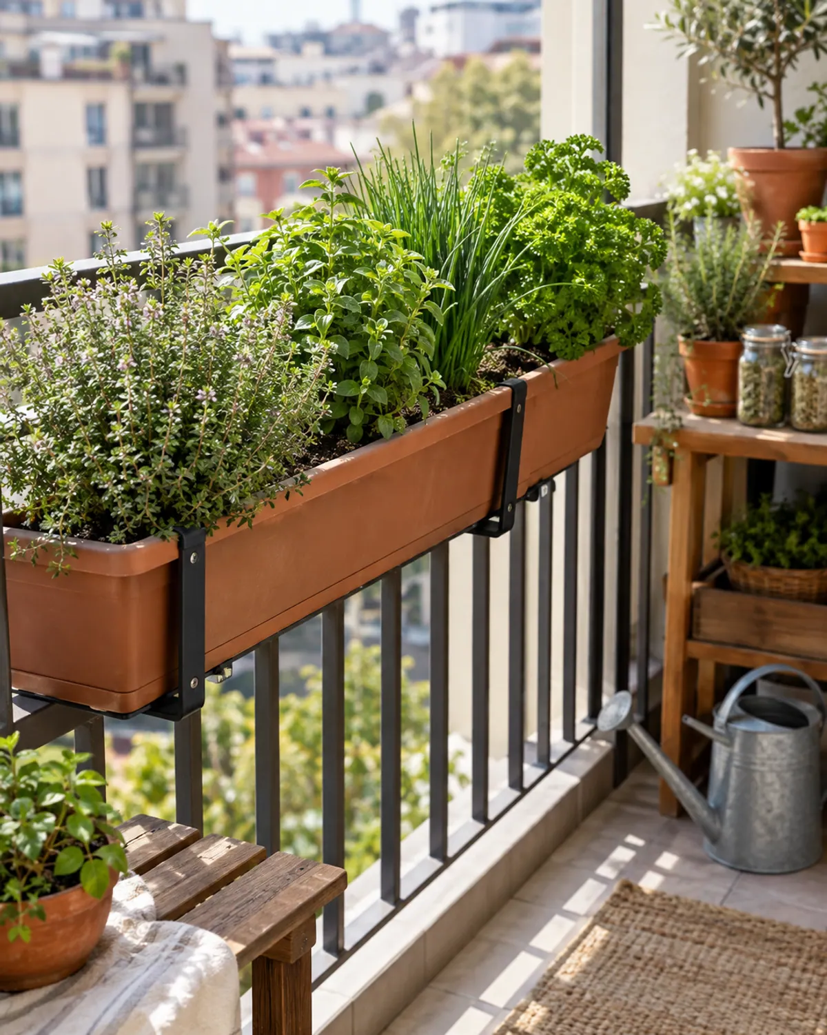 Herb garden ideas for a balcony: railing planter boxes of thyme, oregano, chives and parsley on a metal railing