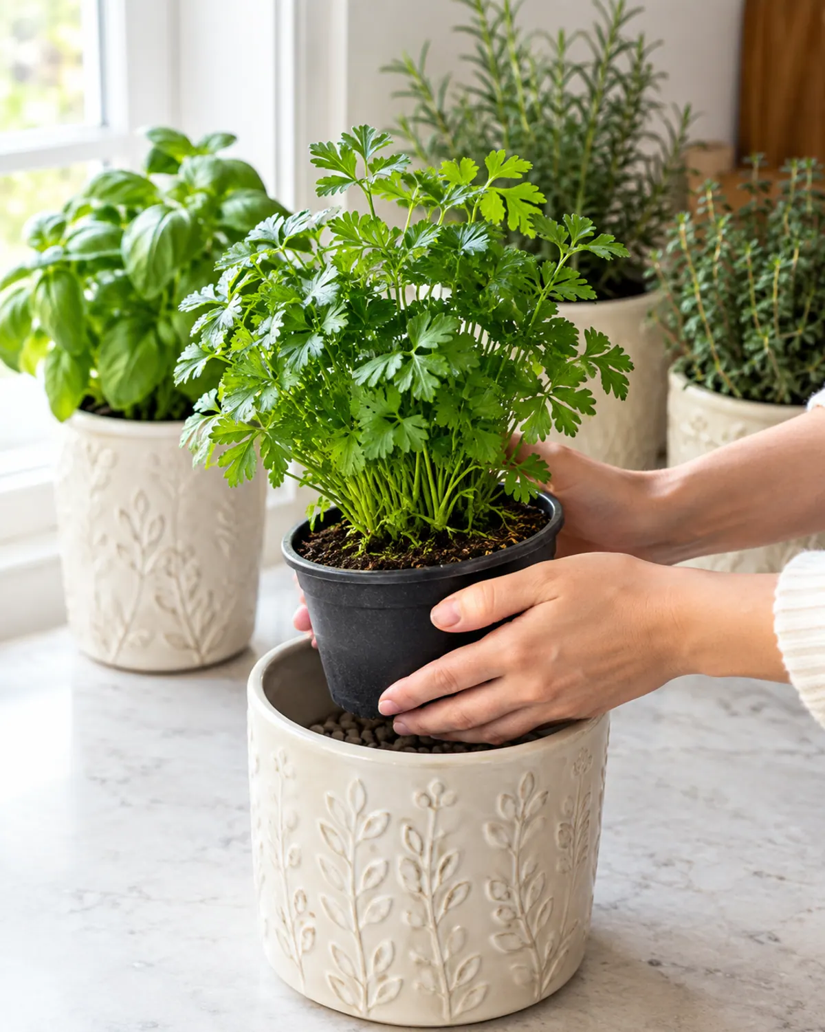 Hands placing a nursery pot of flat-leaf parsley into a cream ceramic cover pot in a kitchen herb garden