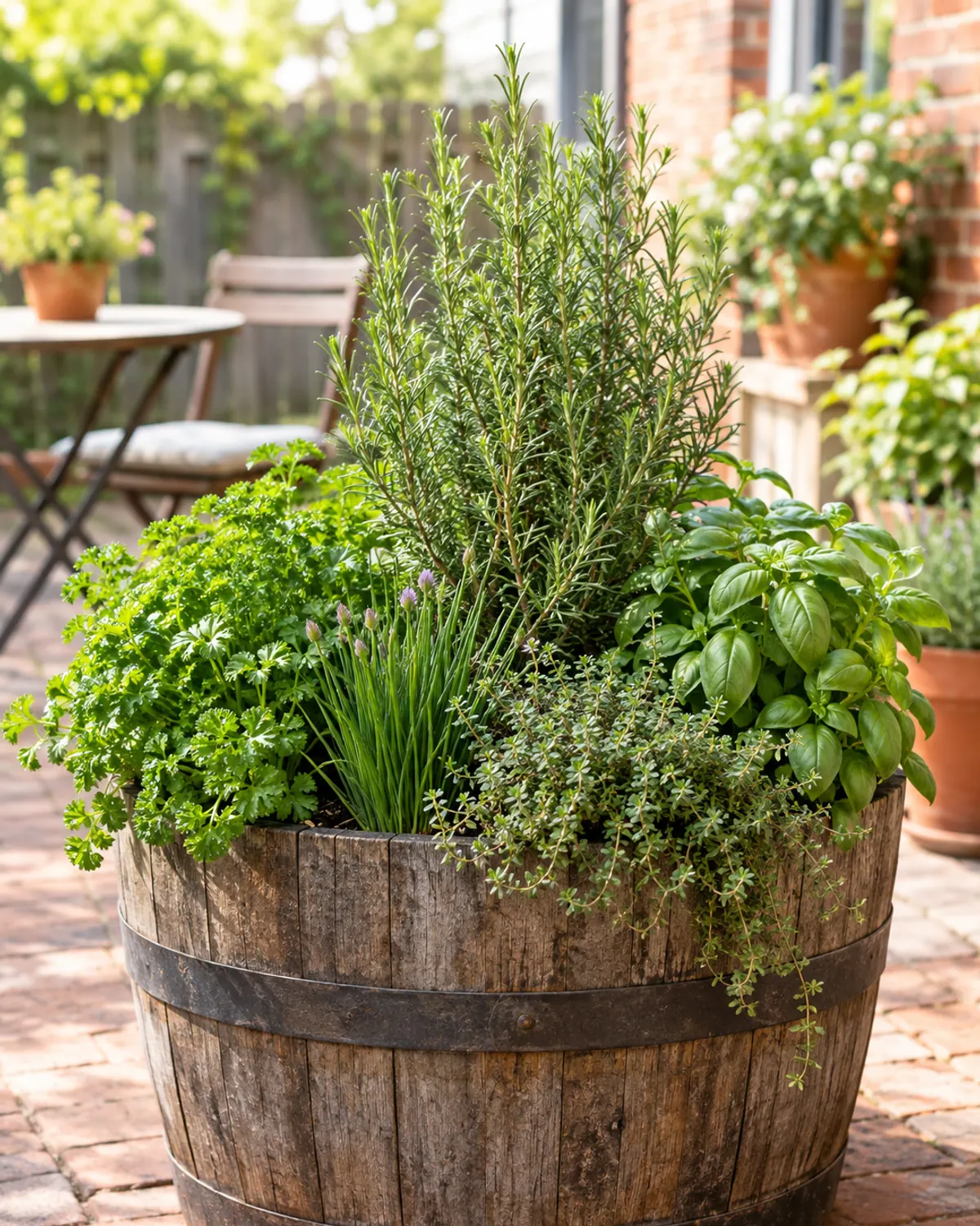 Half barrel planter packed with rosemary, parsley, chives, thyme and basil on a small brick patio