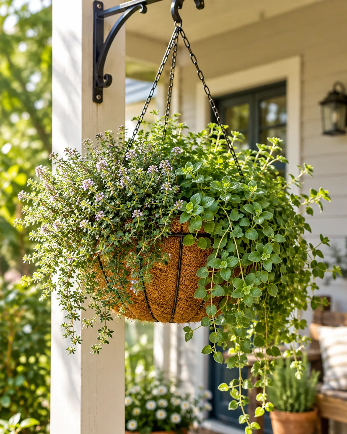 Hanging coir basket with creeping thyme and trailing oregano spilling over on a small porch