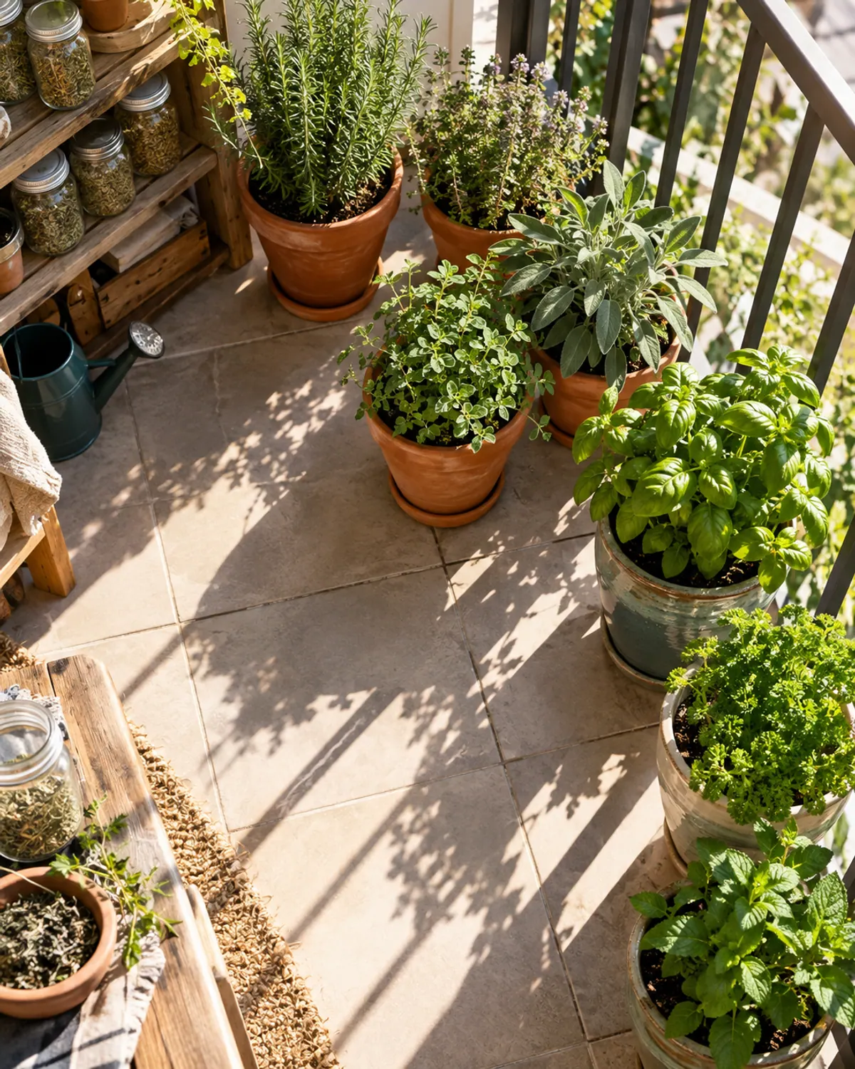Herb garden design idea seen from above: rosemary, thyme, sage and oregano grouped on the sunny side of a balcony, basil, parsley and mint on the other