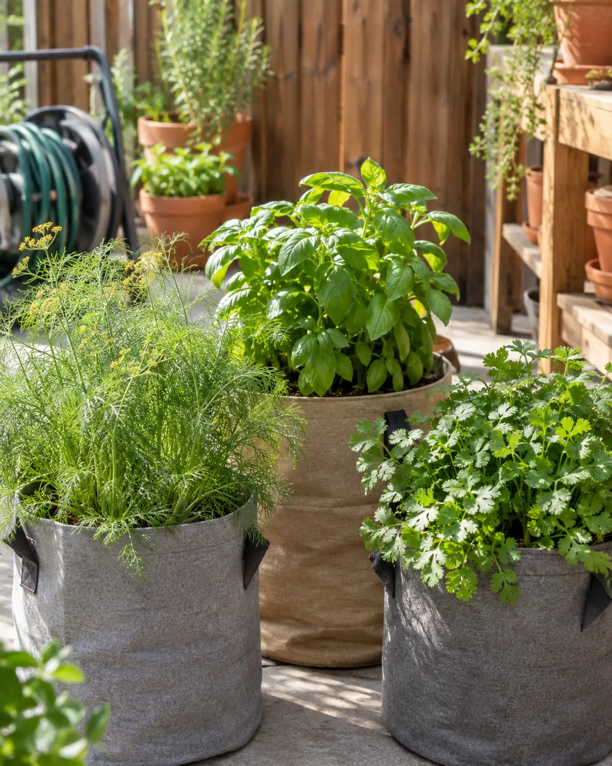 Three fabric grow bags of basil, dill and cilantro on a small concrete patio by a wooden fence