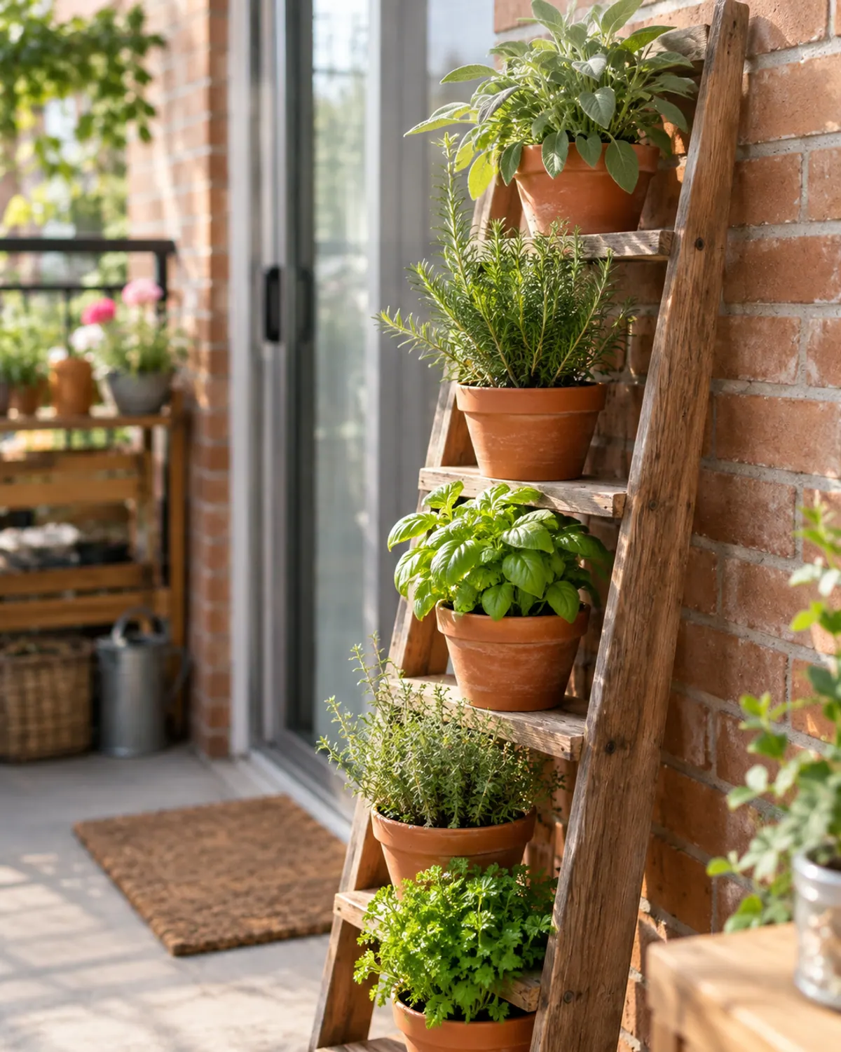 Leaning wooden ladder shelf with terracotta pots of sage, rosemary, basil, thyme and parsley on a small patio