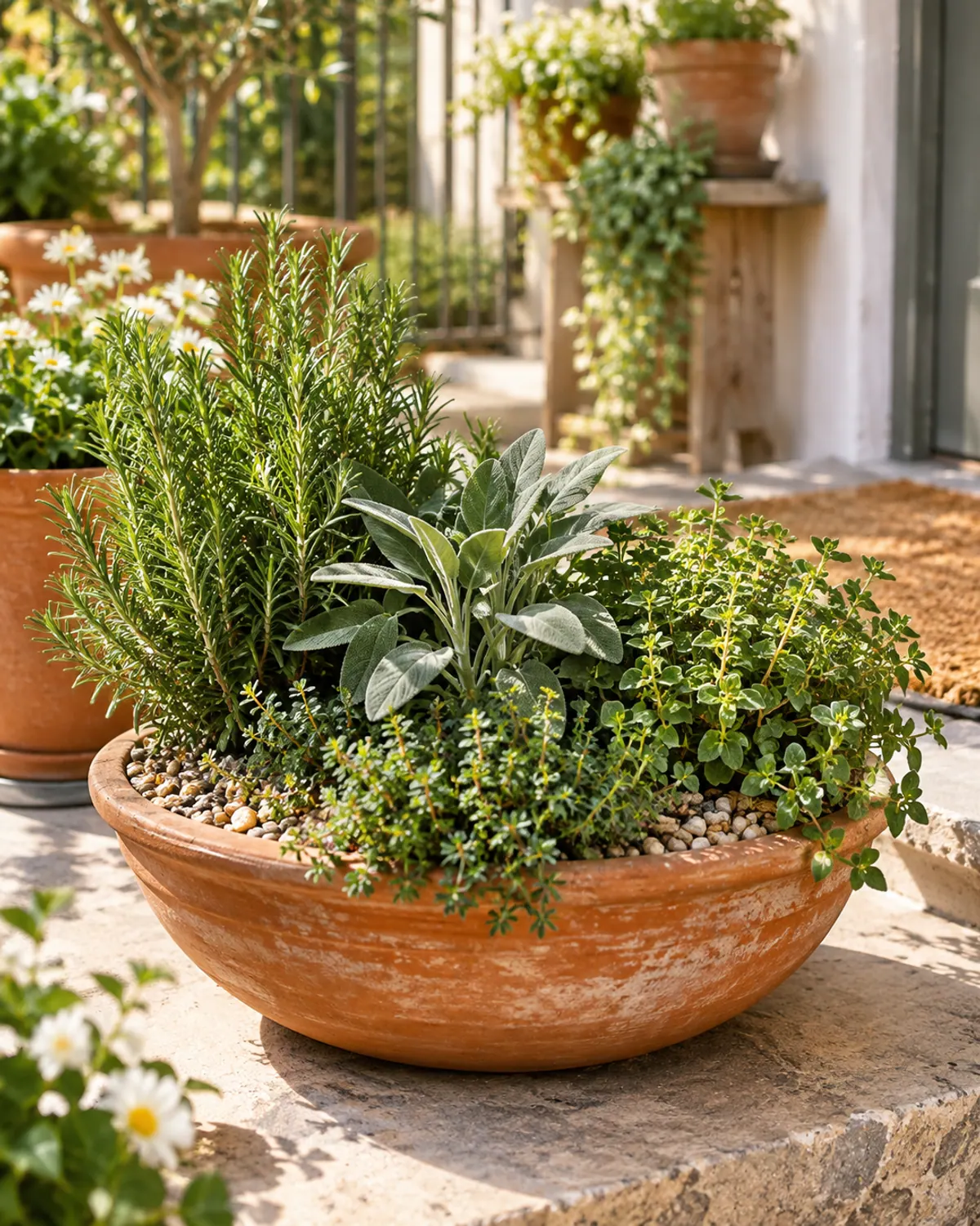 Wide terracotta bowl planted with rosemary, sage, thyme and Greek oregano on a sunny patio step