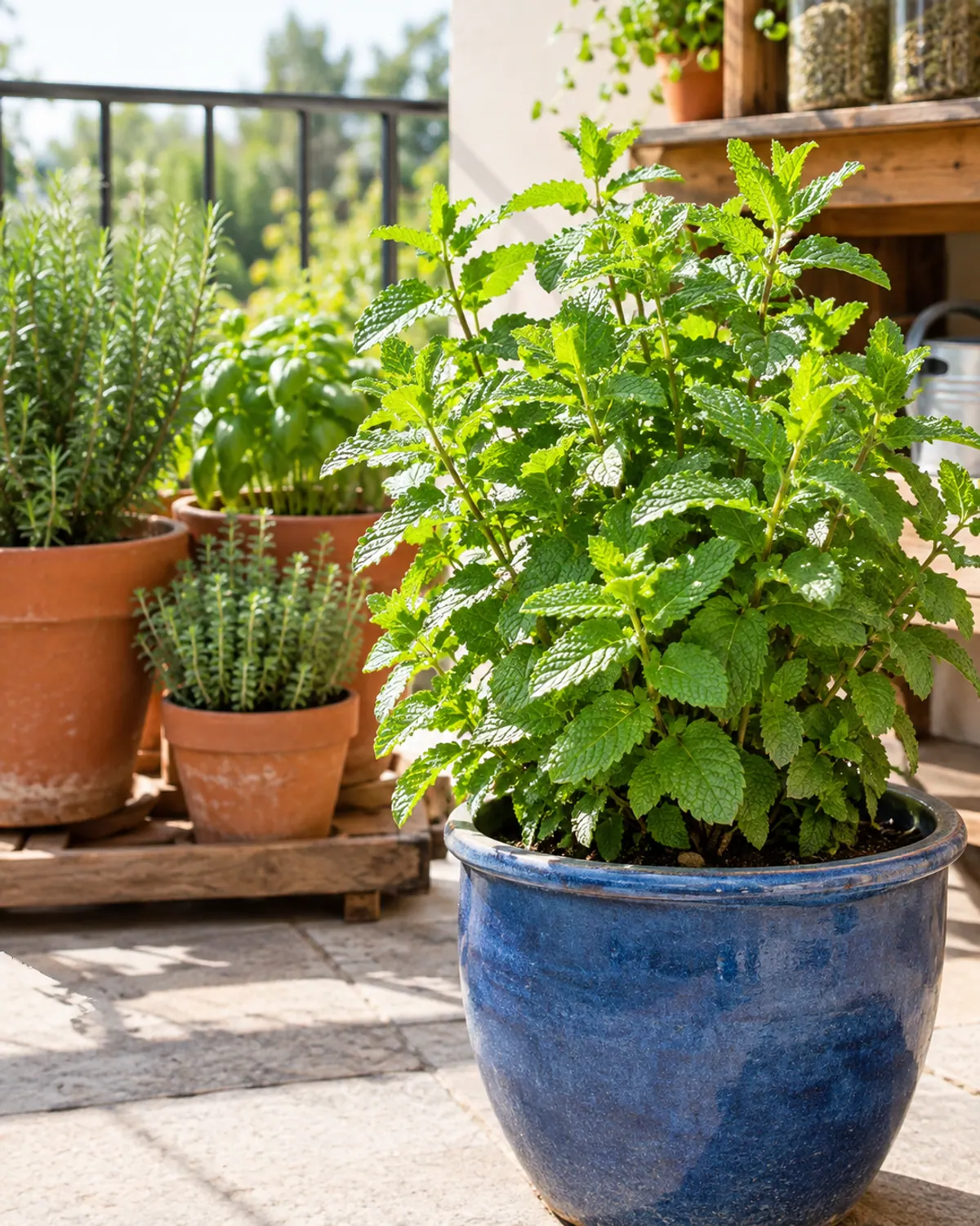 Spearmint growing alone in a blue glazed pot on a patio, kept apart from other herb pots