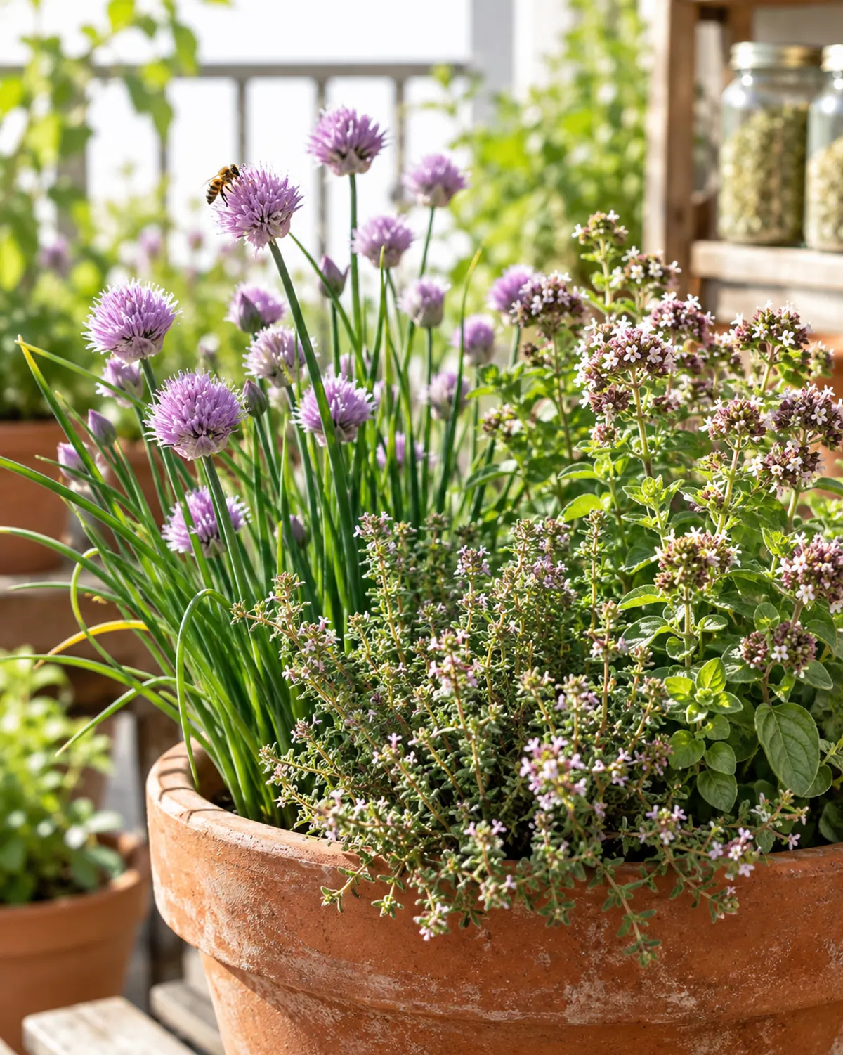Flowering chives, thyme and oregano in a container with a honeybee on a purple chive blossom