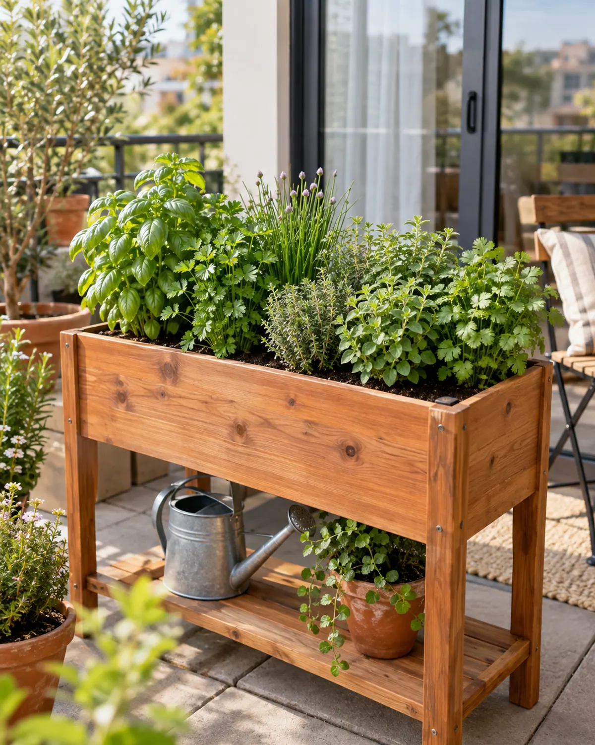 Raised cedar planter box on legs with neat rows of basil, parsley, chives, thyme, oregano and cilantro on a patio