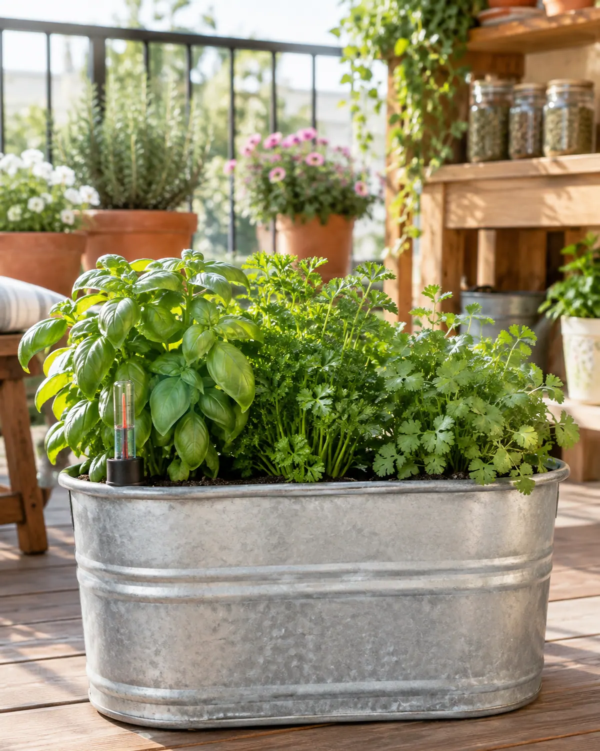 Galvanized self-watering trough planter with basil, parsley and cilantro and a water level indicator on a patio