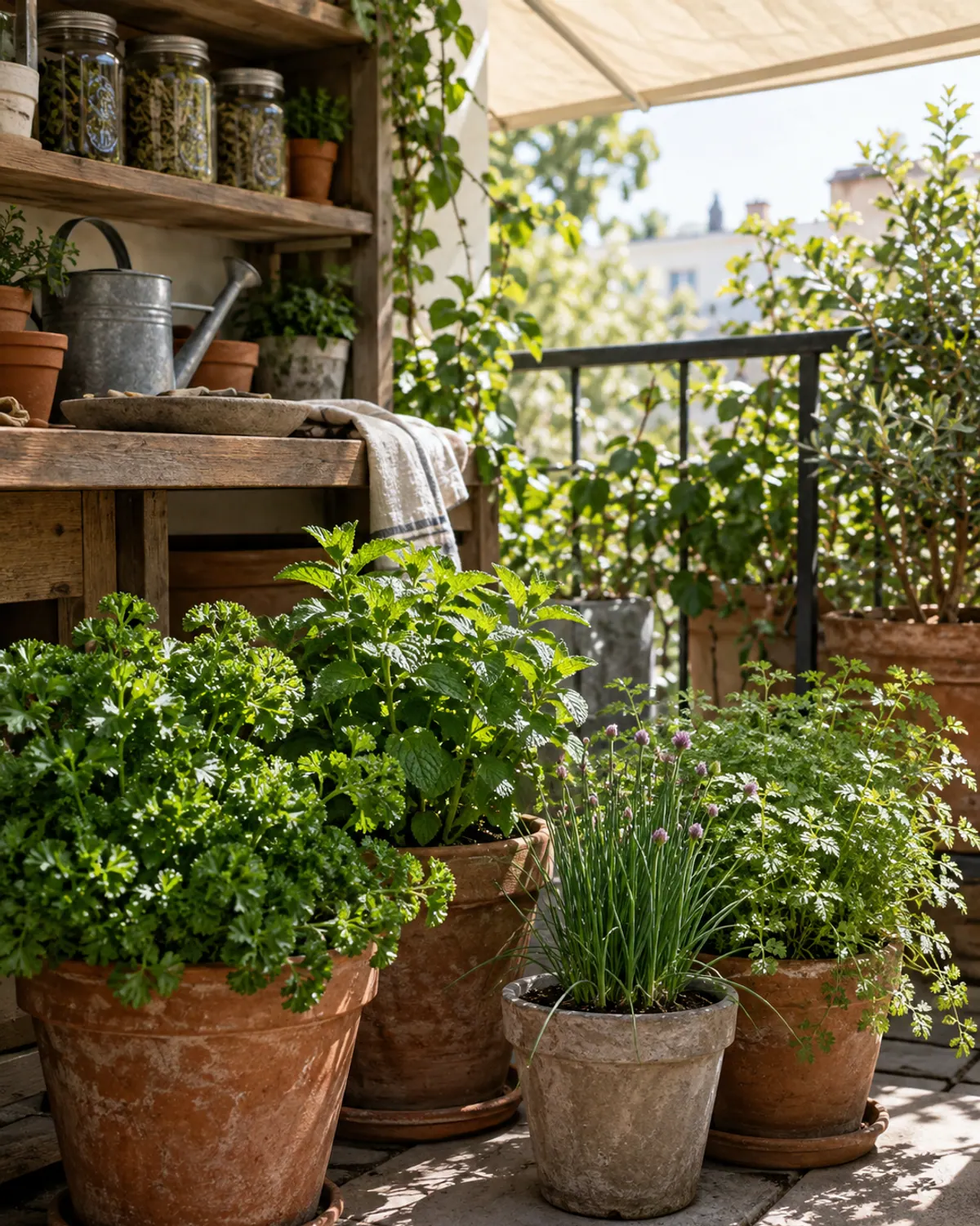 Partly shaded patio corner with pots of parsley, mint, chives and chervil in dappled light