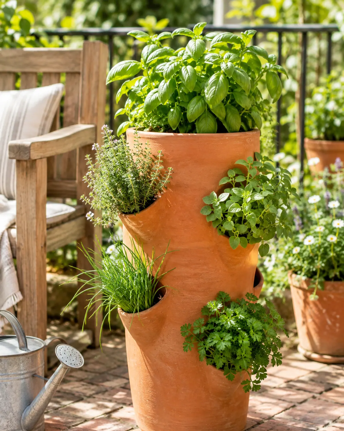 Terracotta strawberry pot with side pockets planted with thyme, oregano, chives and parsley, basil on top