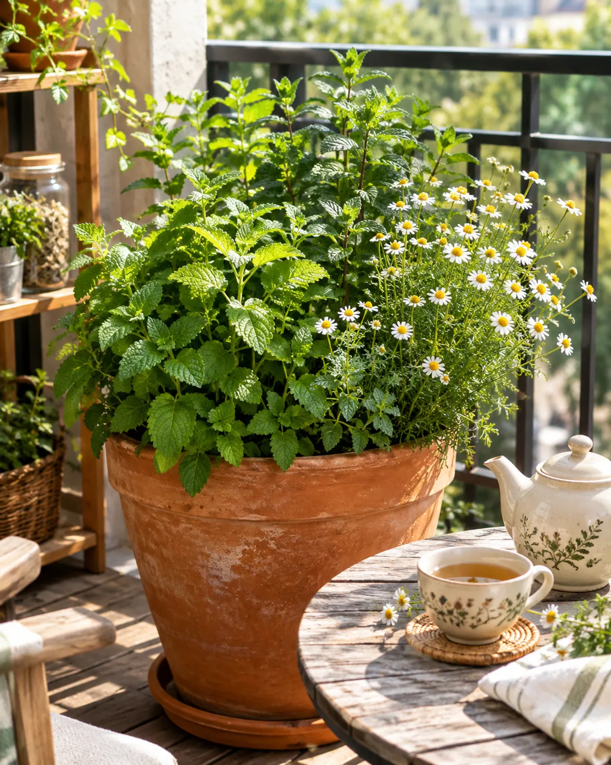 Terracotta balcony container of lemon balm, peppermint and German chamomile with a teapot nearby