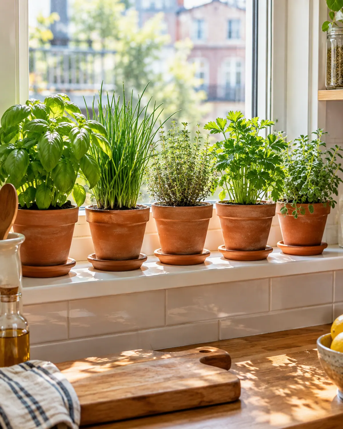 Herb garden idea: five small terracotta pots of basil, chives, thyme, parsley and oregano on a sunny kitchen windowsill