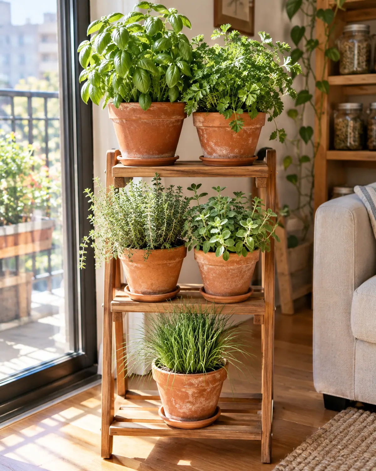 Three-tier wooden plant stand holding potted basil, parsley, thyme, oregano and chives by a sunny patio door