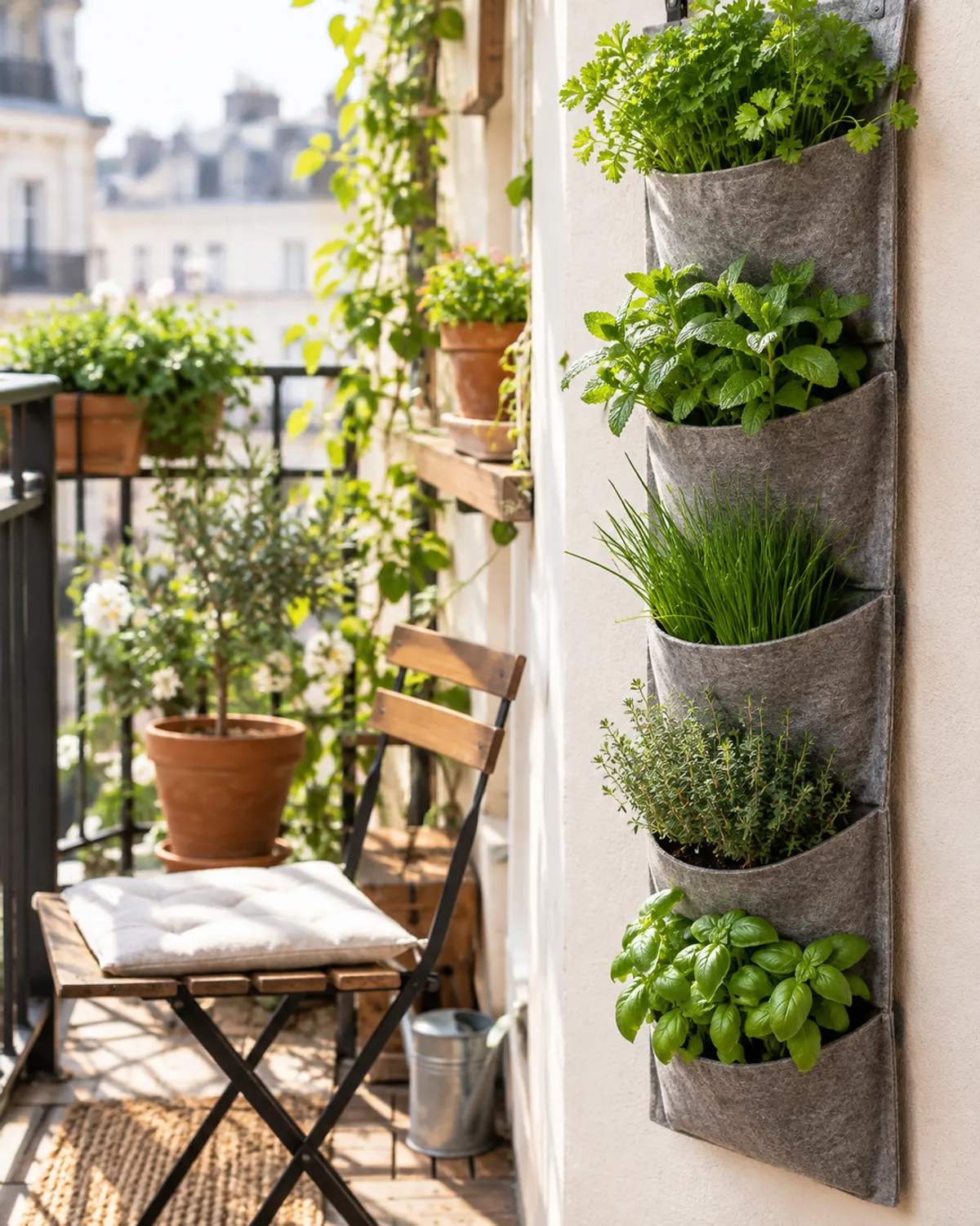 Felt pocket vertical herb wall planted with parsley, mint, chives, thyme and basil on a small balcony