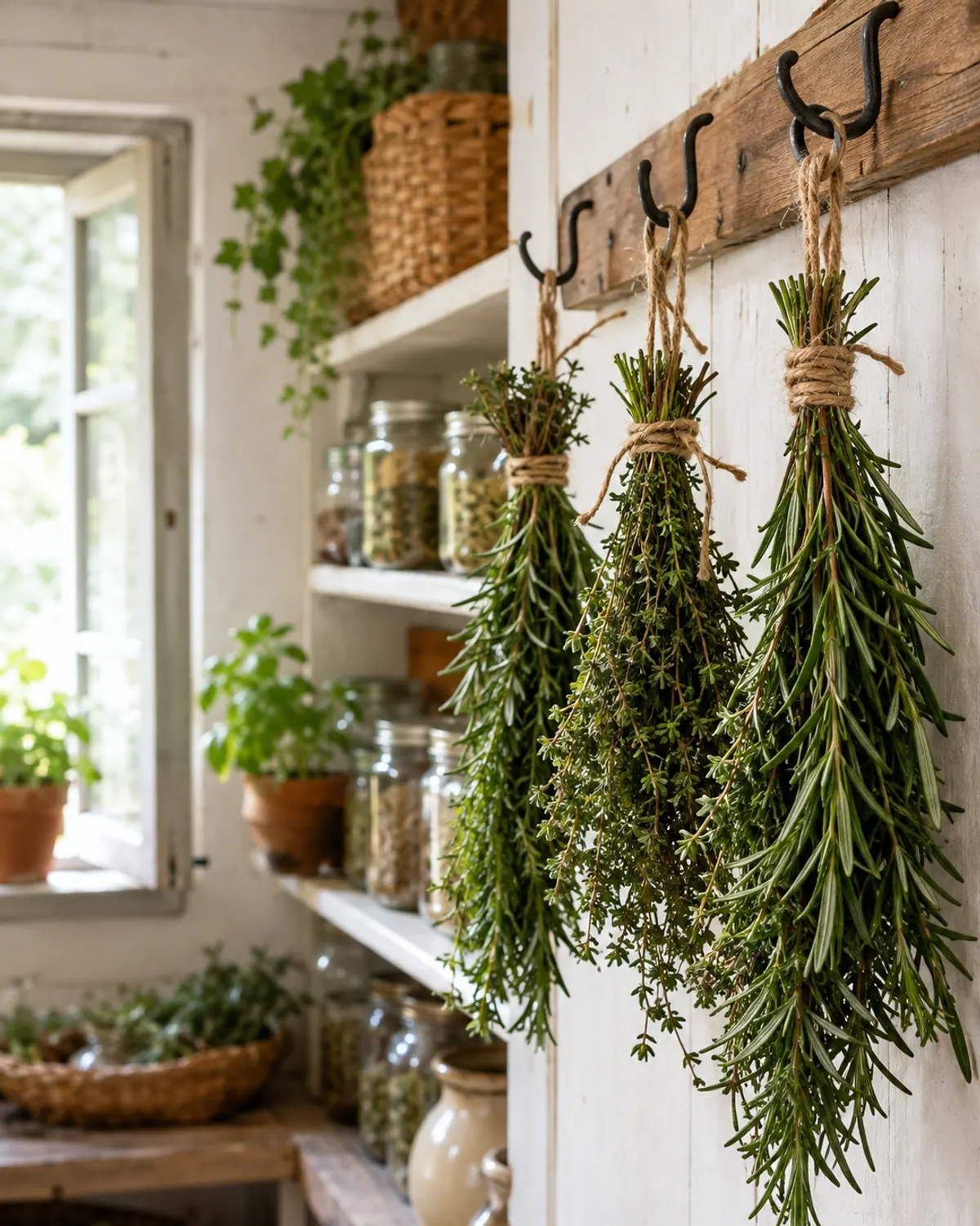 Small bundles of rosemary and thyme tied with twine hanging upside down to air dry in an airy pantry corner