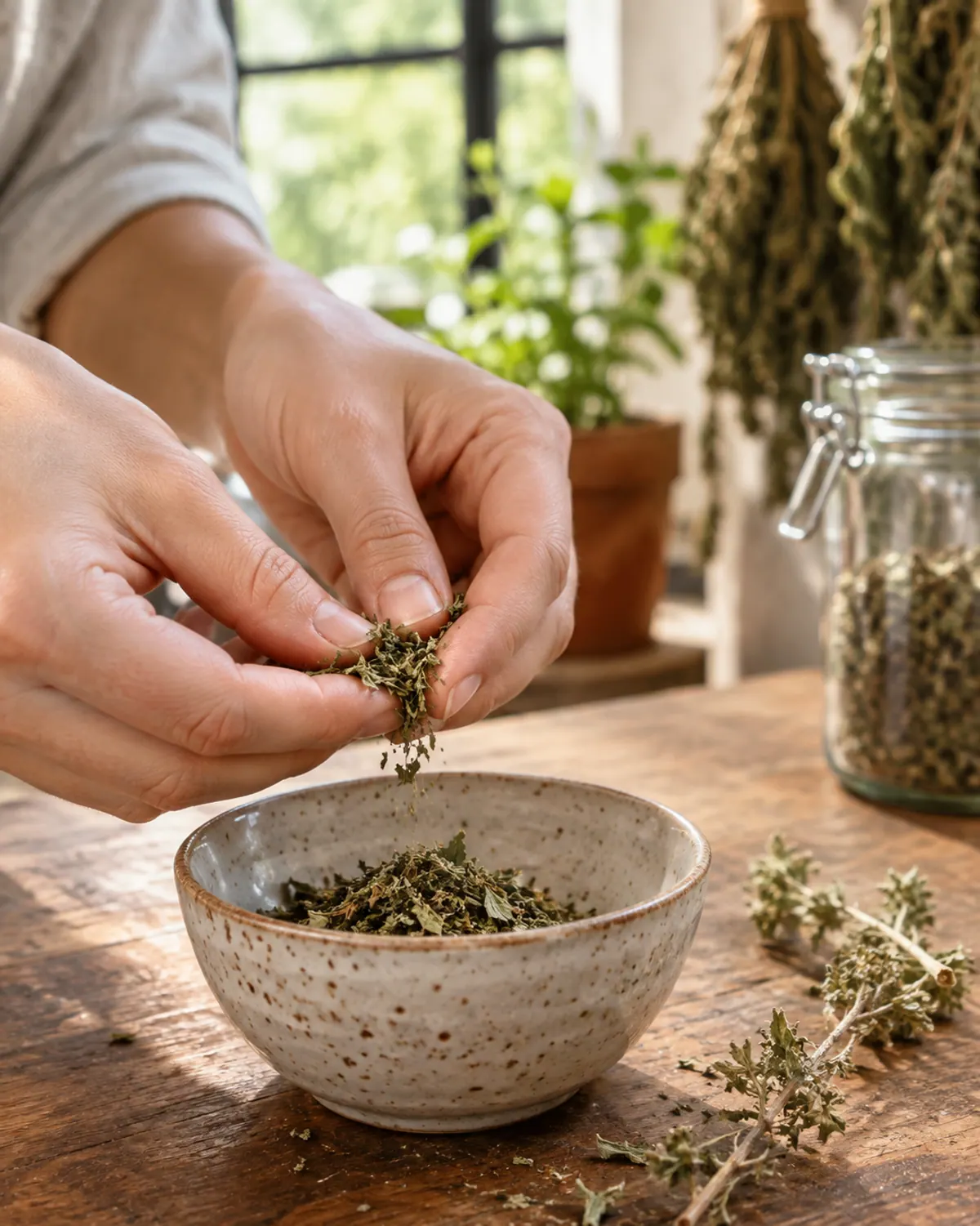 Fingers crumbling crisp dried oregano leaves over a small bowl to test if the herbs are fully dry