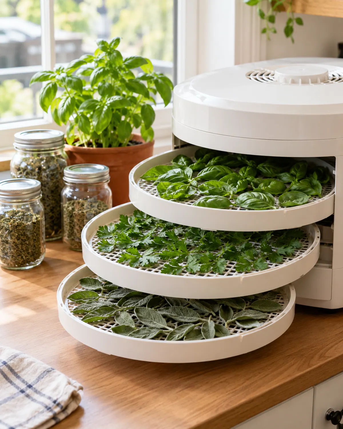 Countertop food dehydrator with trays of basil, parsley and sage leaves for drying herbs at home