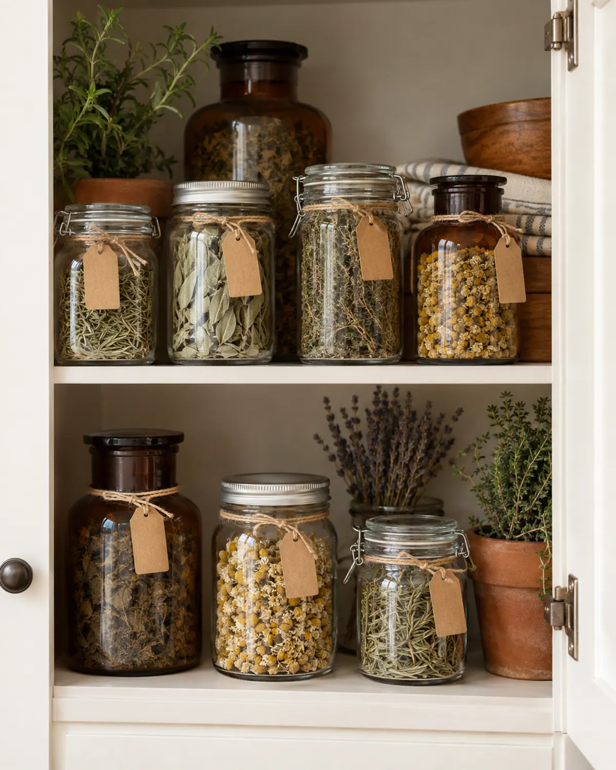 Mason jars and amber apothecary jars of whole dried rosemary, sage, thyme and chamomile in a cupboard