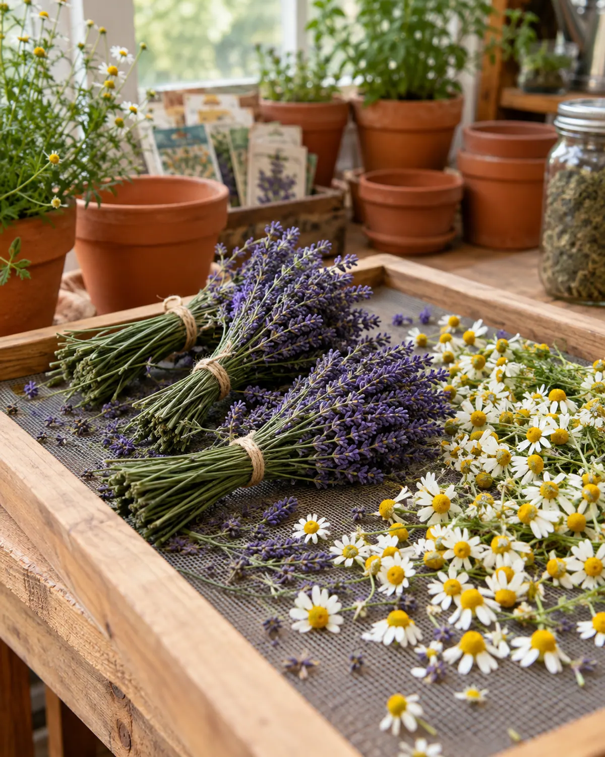 Bundles of English lavender and loose chamomile flowers drying on a woven screen on a potting bench