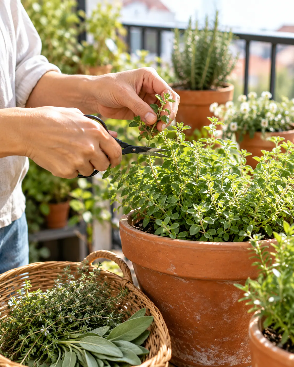 Hands cutting Greek oregano stems from a terracotta container on a small balcony in the morning, with a basket of cut thyme and sage