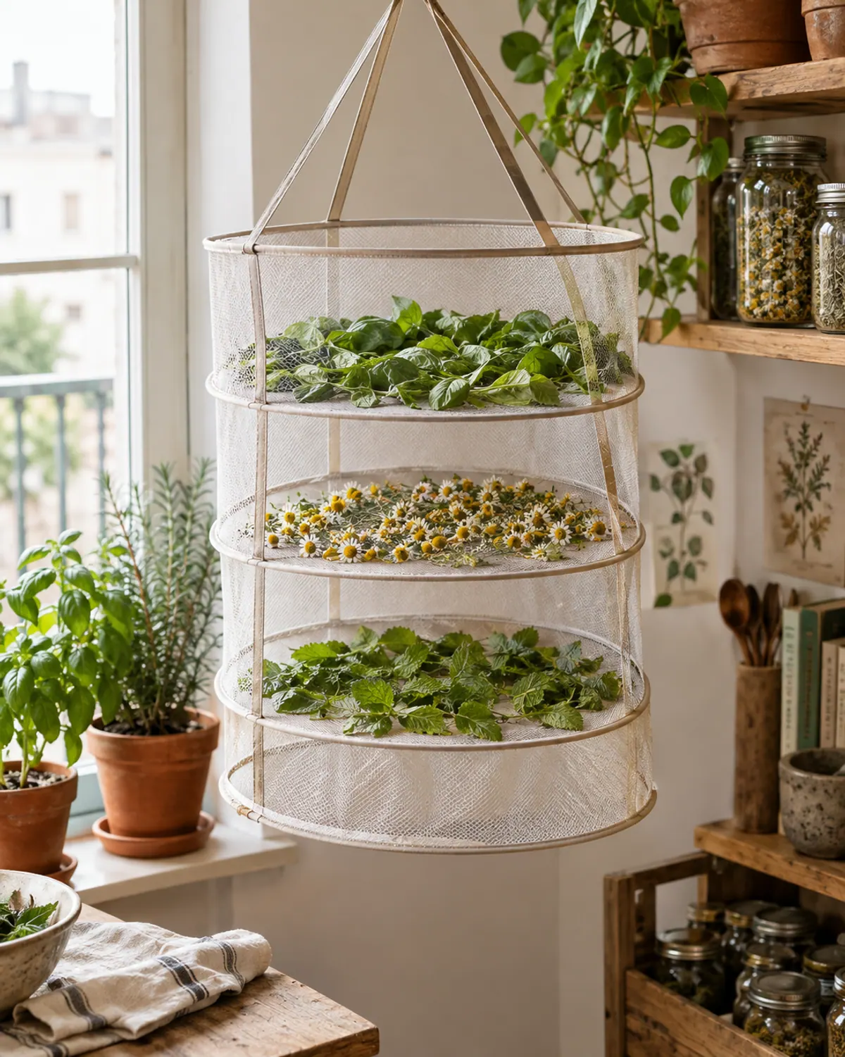 Hanging mesh herb drying rack holding basil leaves, chamomile flowers and lemon balm in single layers