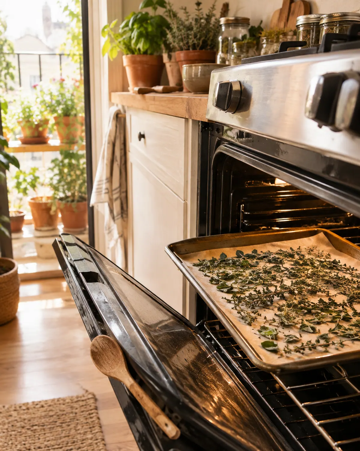 Baking sheet of oregano and thyme leaves on parchment drying in a home oven with the door propped open