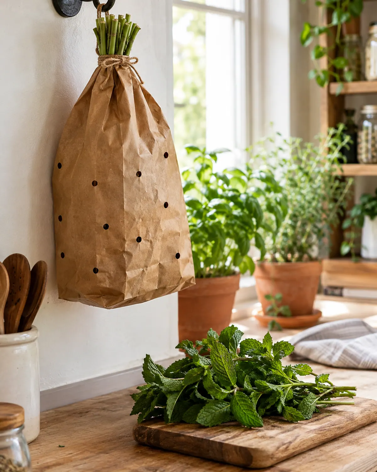 Spearmint stems drying upside down inside a brown paper bag with holes punched in the sides, hanging in a small kitchen