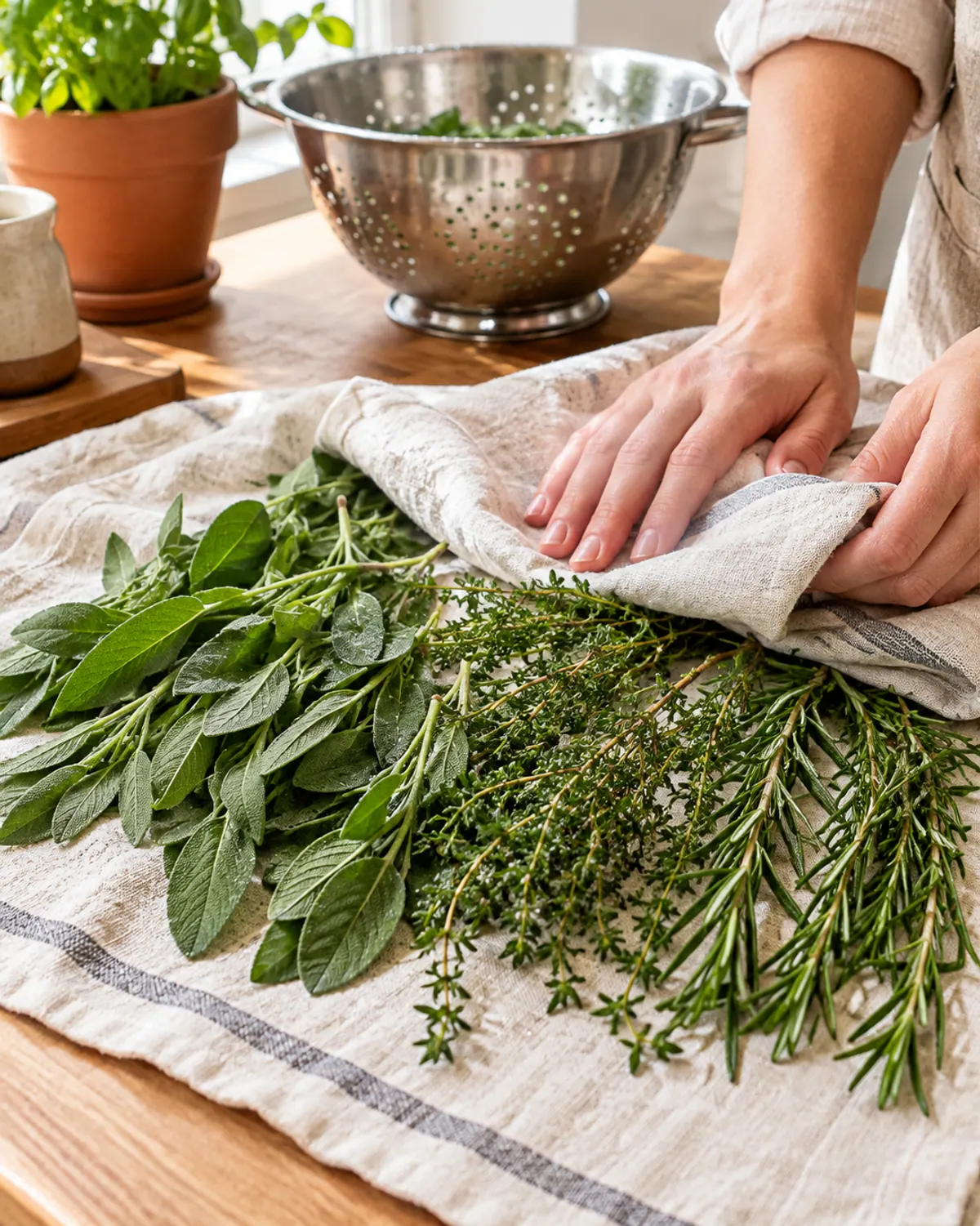Rinsed sprigs of sage, thyme and rosemary laid on a linen towel being patted dry before drying herbs
