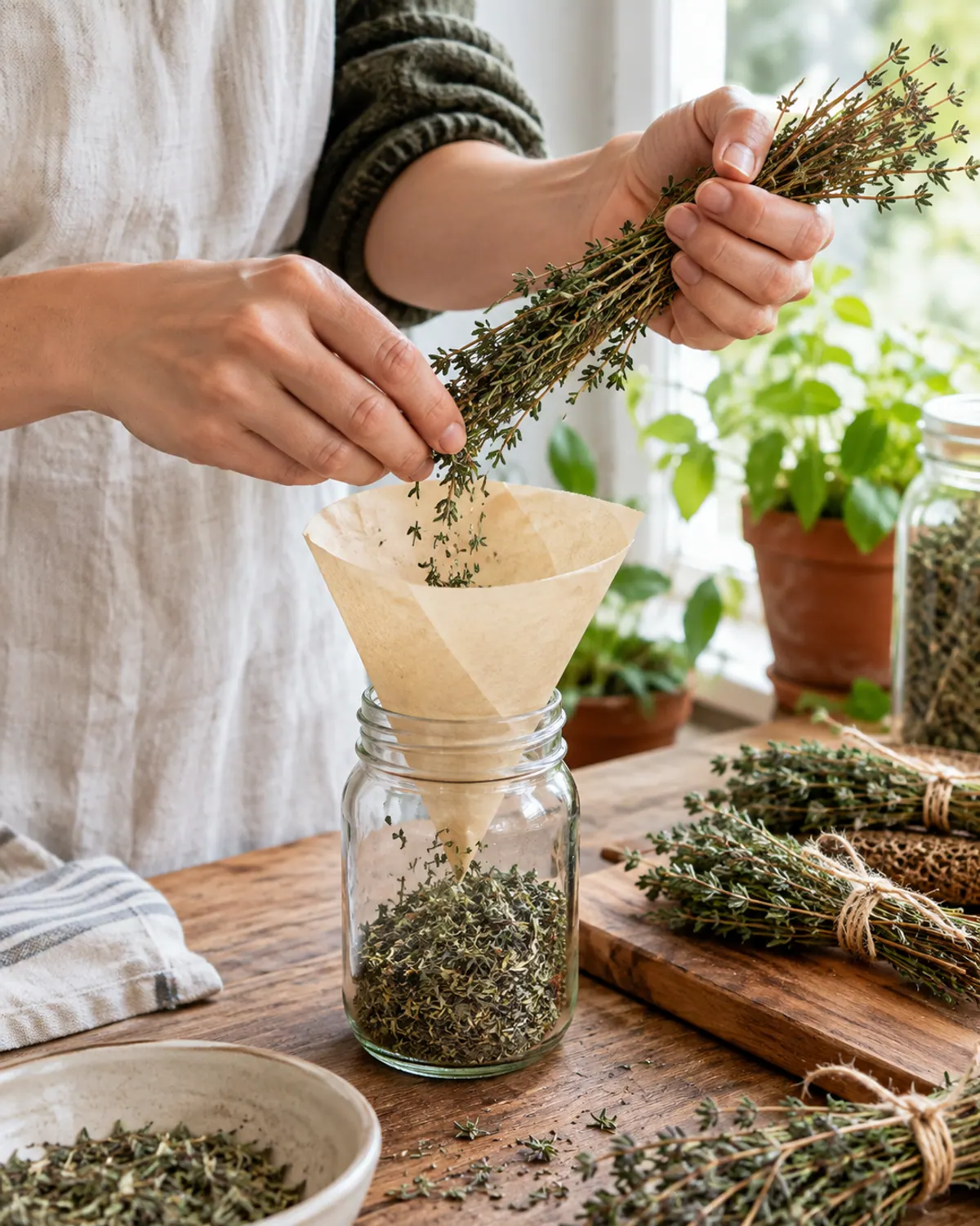 Hands sliding dried thyme leaves off woody stems into a glass jar through a parchment funnel