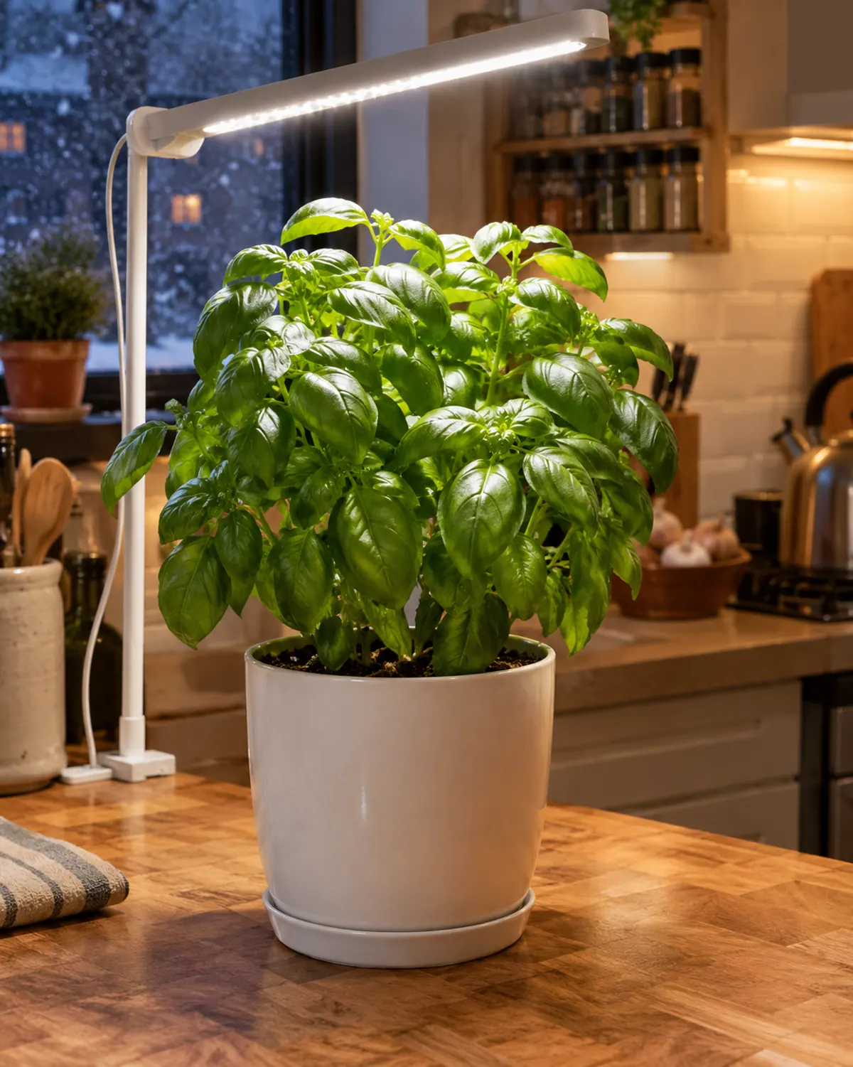 Genovese basil growing indoors under a slim LED grow light on a kitchen counter on a winter evening