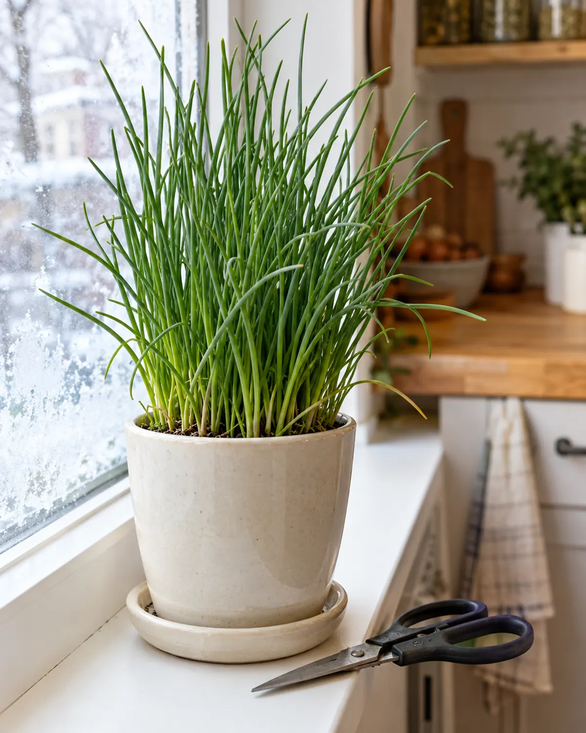Clump of chives in a cream pot on a frosty kitchen windowsill herb garden with scissors beside it