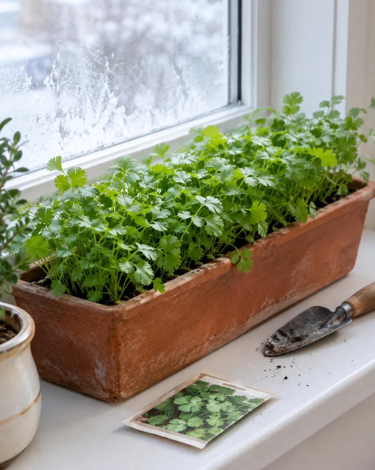 Young cilantro plants growing thickly in a terracotta windowsill planter on a cool, bright winter sill