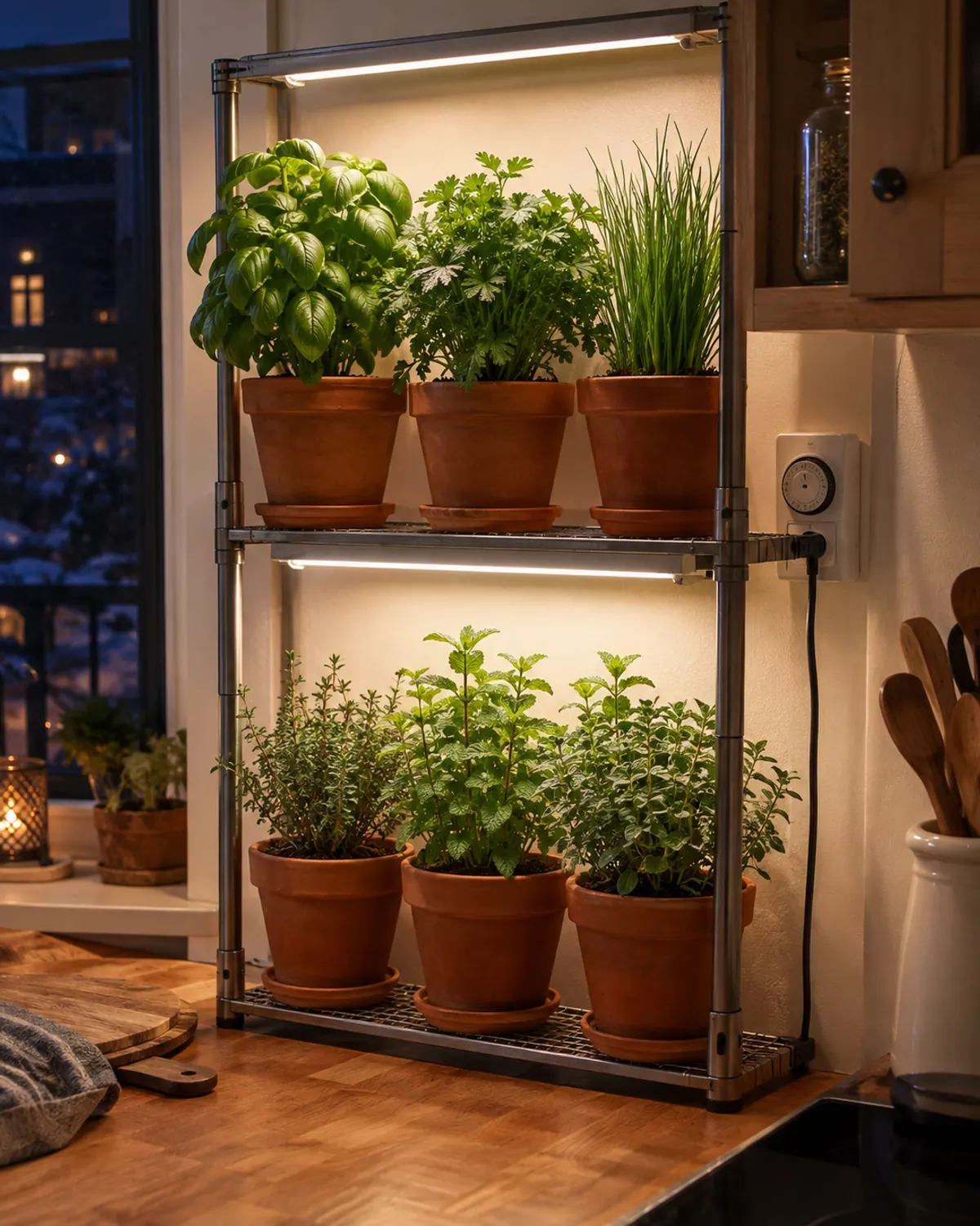 Indoor herb garden on a small kitchen shelf under slim LED grow lights, with a plug-in timer on the wall