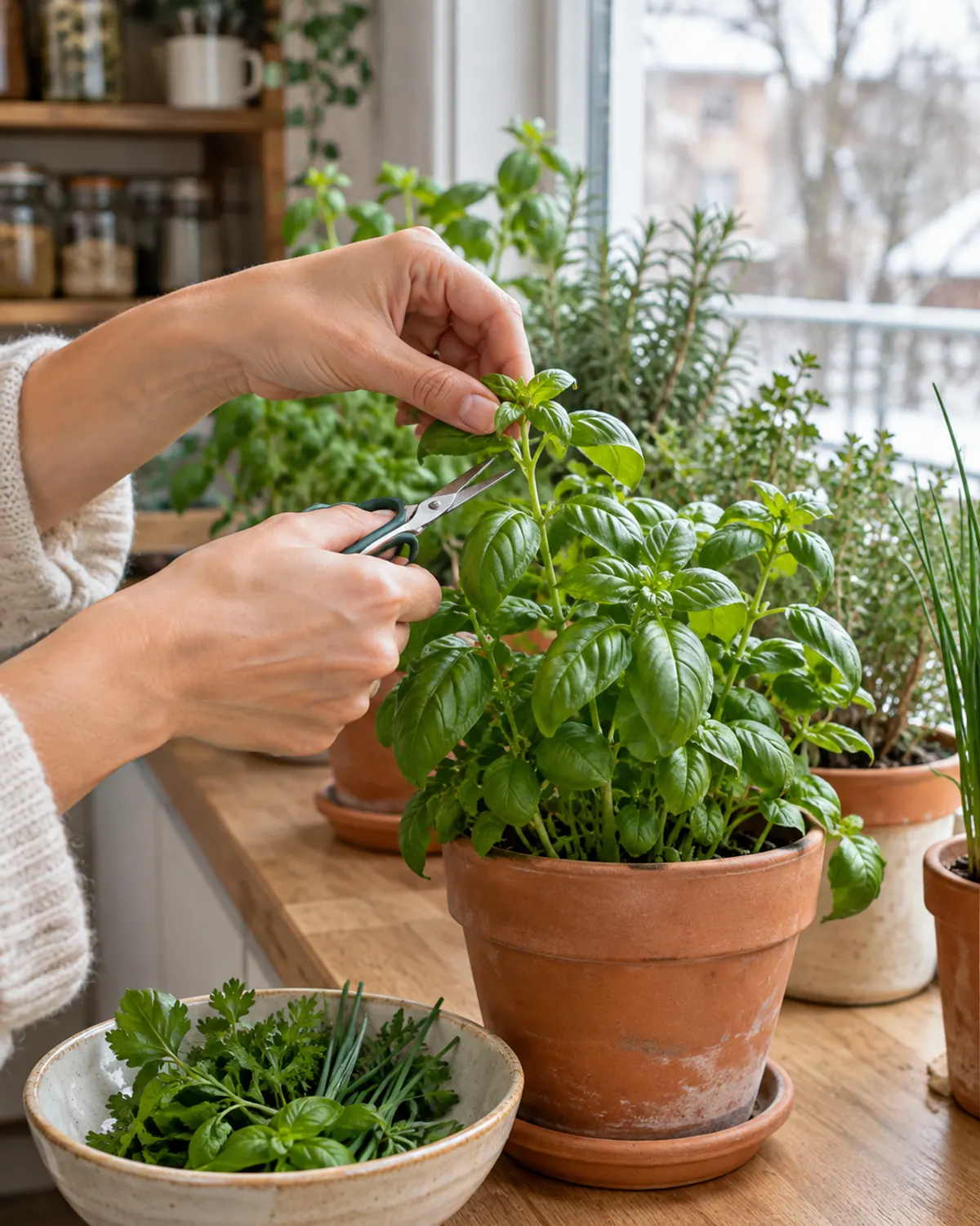 Hands snipping a basil stem just above a pair of leaves, with a bowl of cut herbs from an indoor herb garden