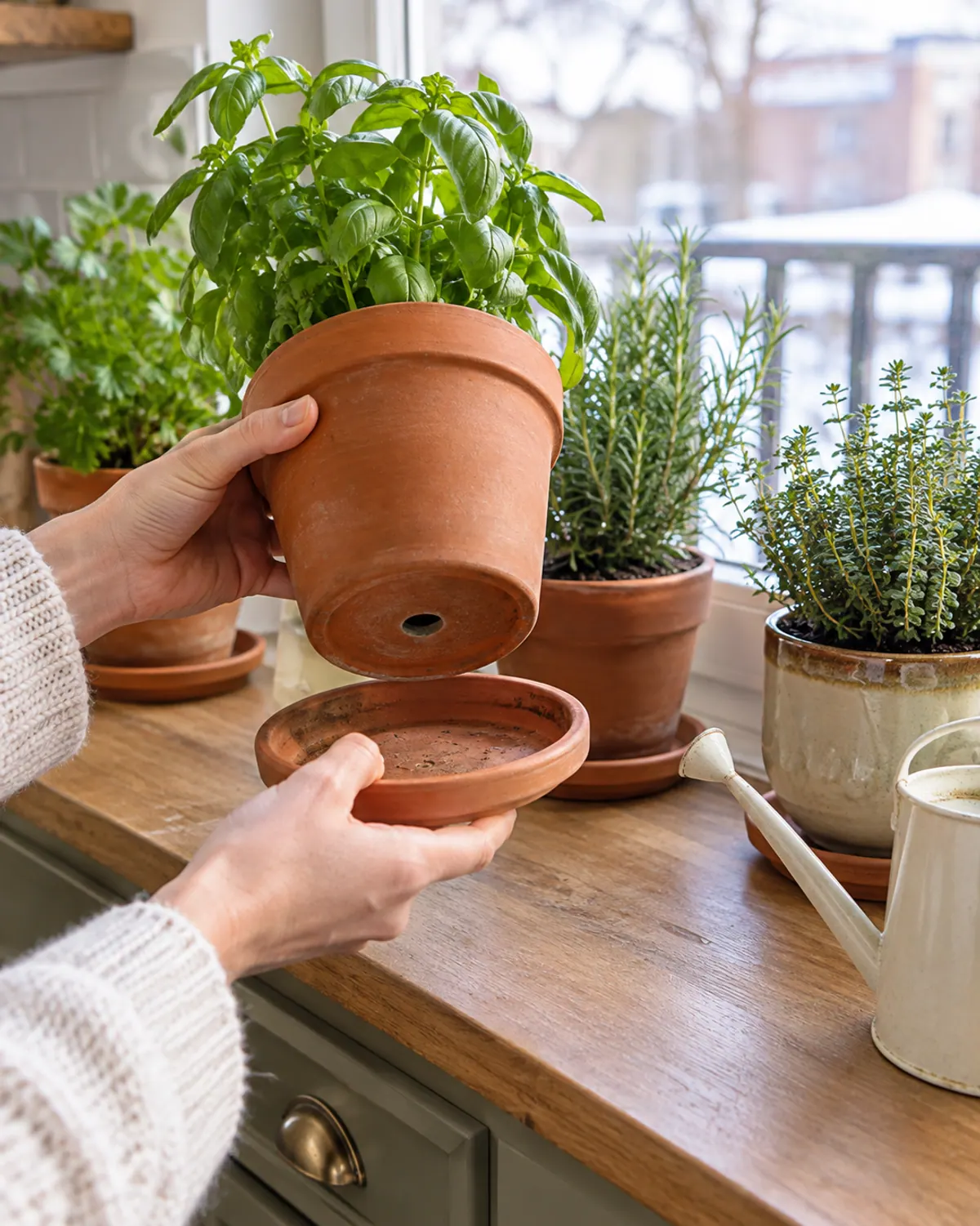 Hands lifting a terracotta herb pot off its saucer to show the drainage hole on a kitchen counter windowsill herb garden